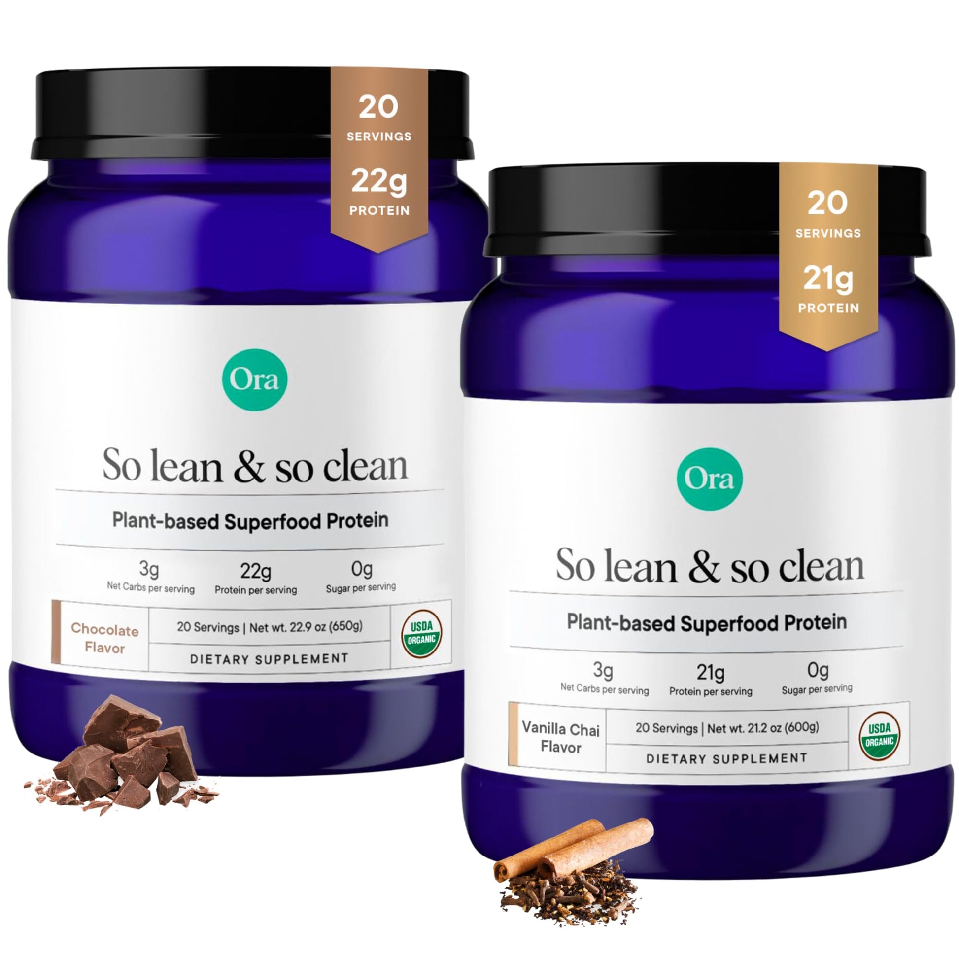 Ora Organic Vegan Protein Powder Bundle Vanilla Chai & Chocolate, 2-Pack, 21g Vanilla Chai Plant Based Protein Powder, 20 Servings; 22g Chocolate Plant Based Protein Powder, 20 Servings