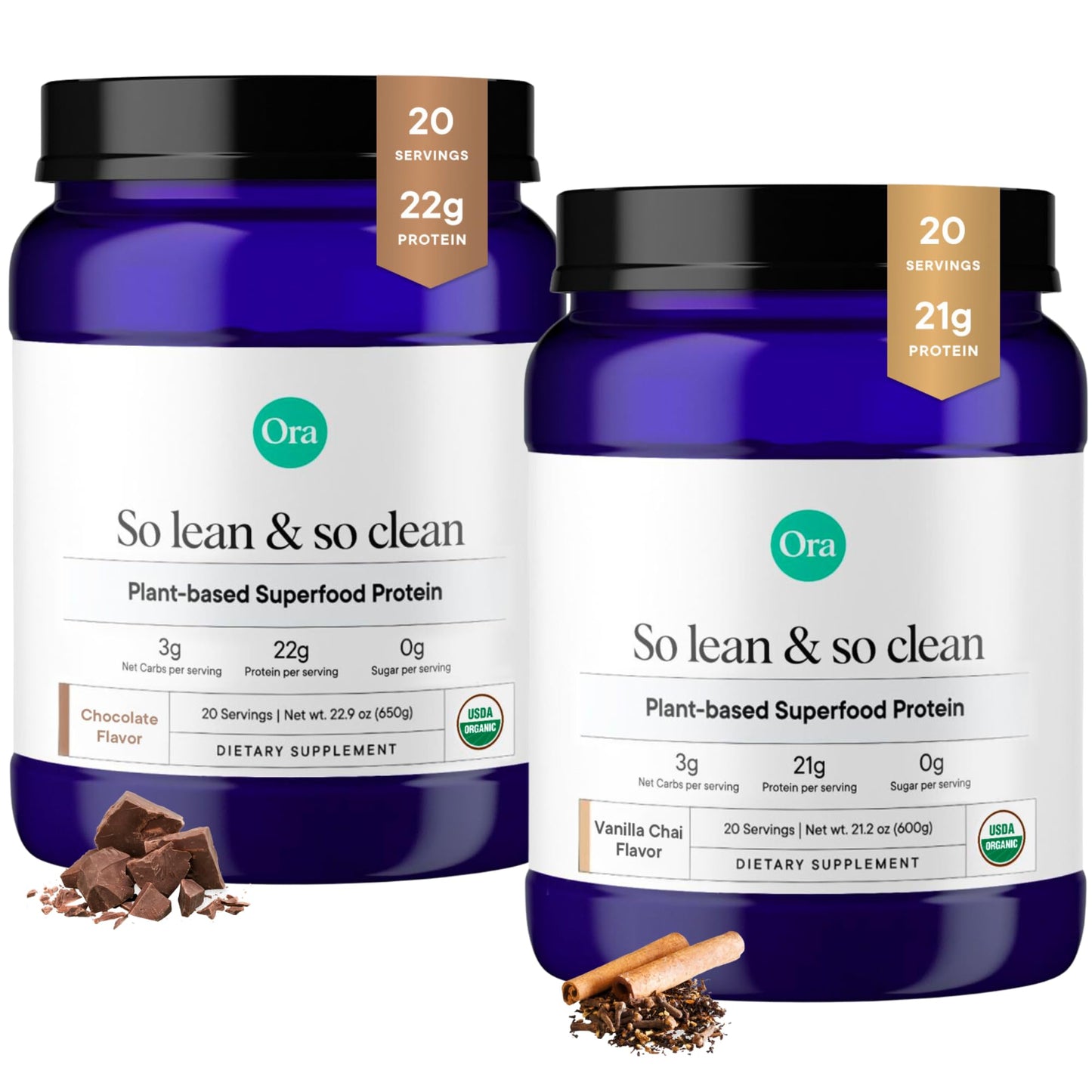 Ora Organic Vegan Protein Powder 2-Pack Vanilla Chai & Chocolate