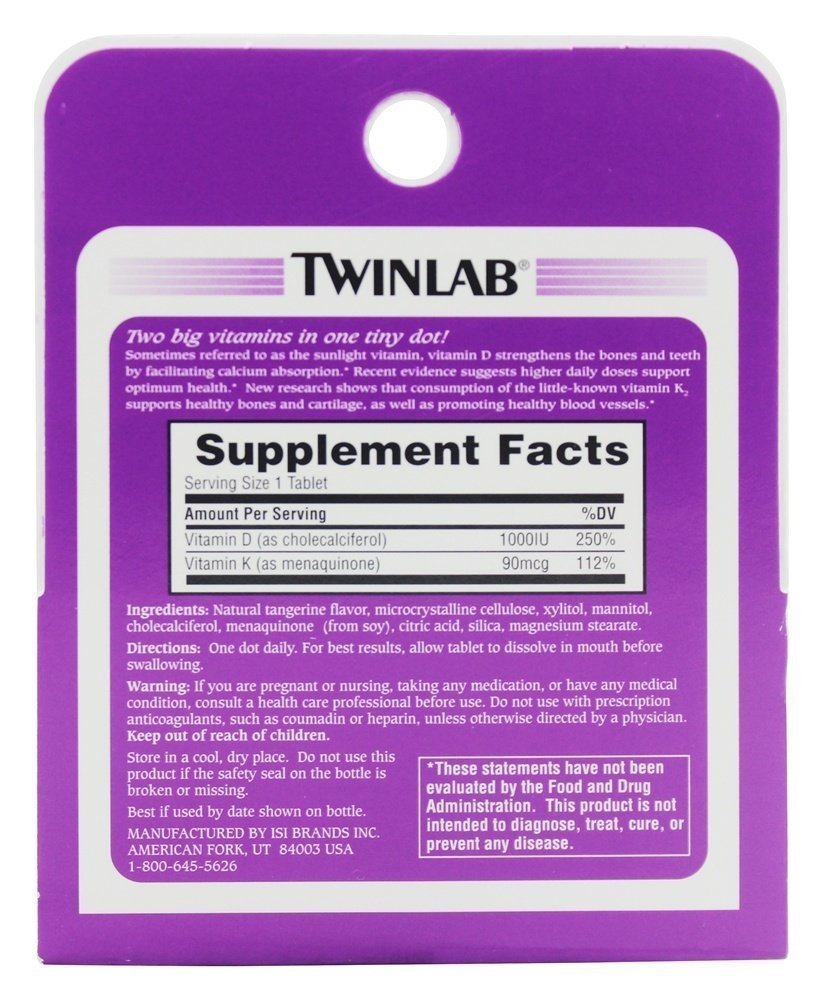 Twinlab Vitamin D3 1000 + K2dot Tablet, 60 Count