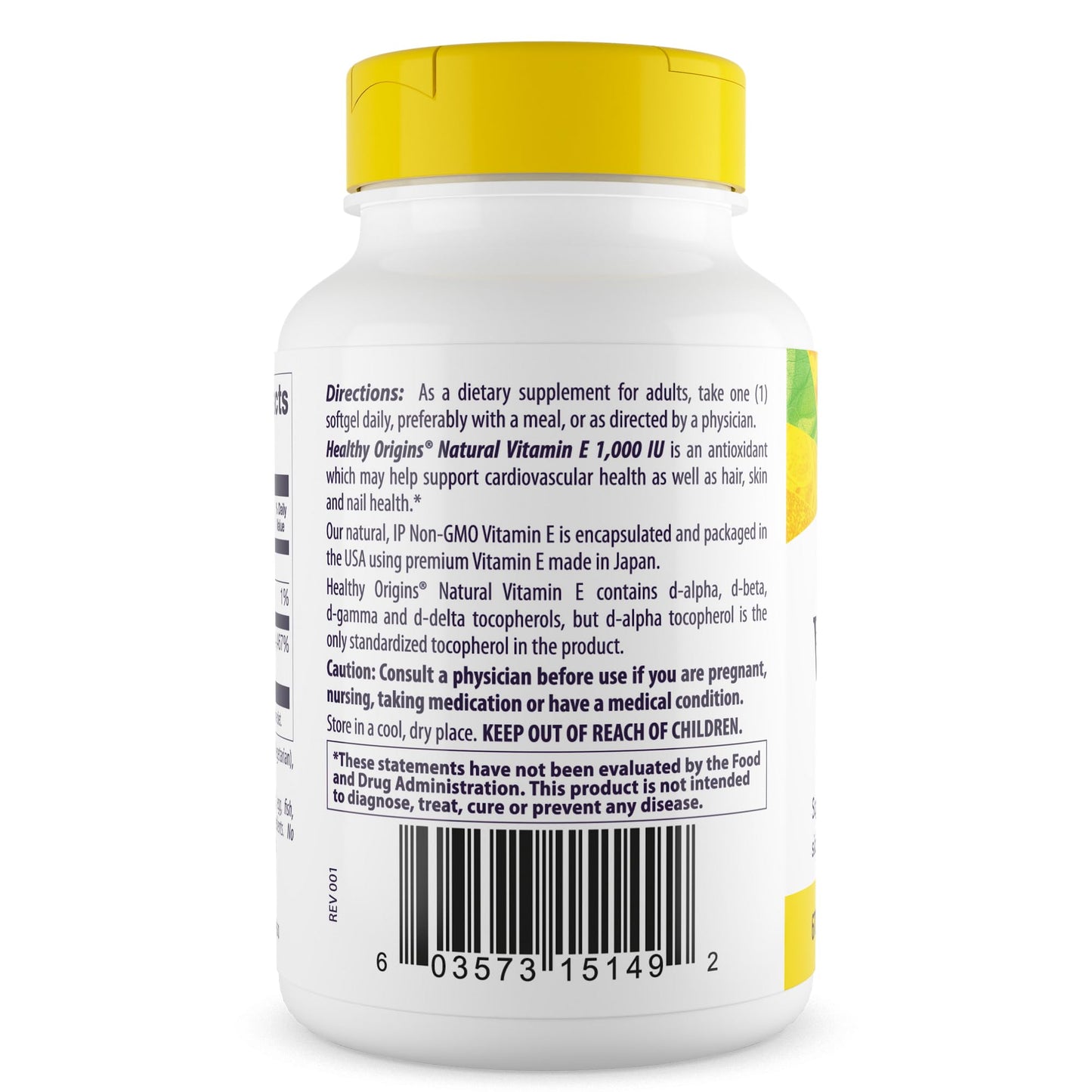 Healthy Origins Vitamin E 1000 IU (Natural) Mixed Tocopherols Capsule 60 Count