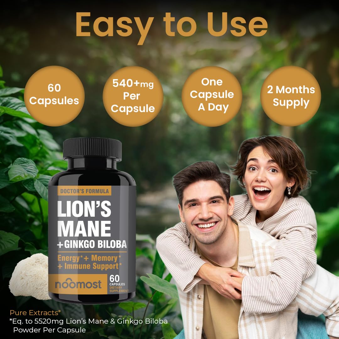 NooMost Lions Mane Supplement Organic Capsules with Ginkgo Biloba, 60 Count