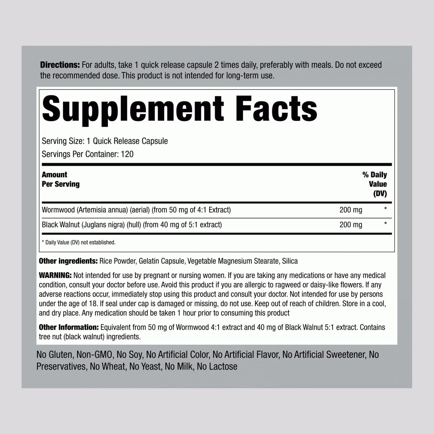 Piping Rock Wormwood Black Walnut Capsules 120 Count