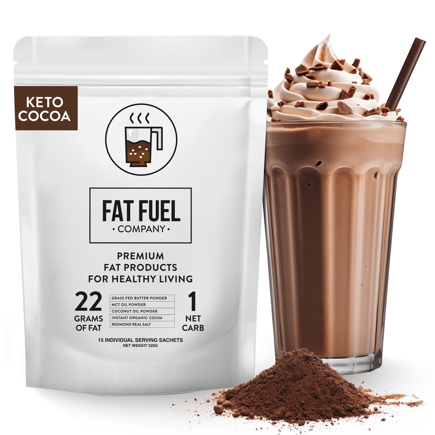 The Fat Fuel Company Keto Cocoa 22g Premium Fats Powder, 15 Servings