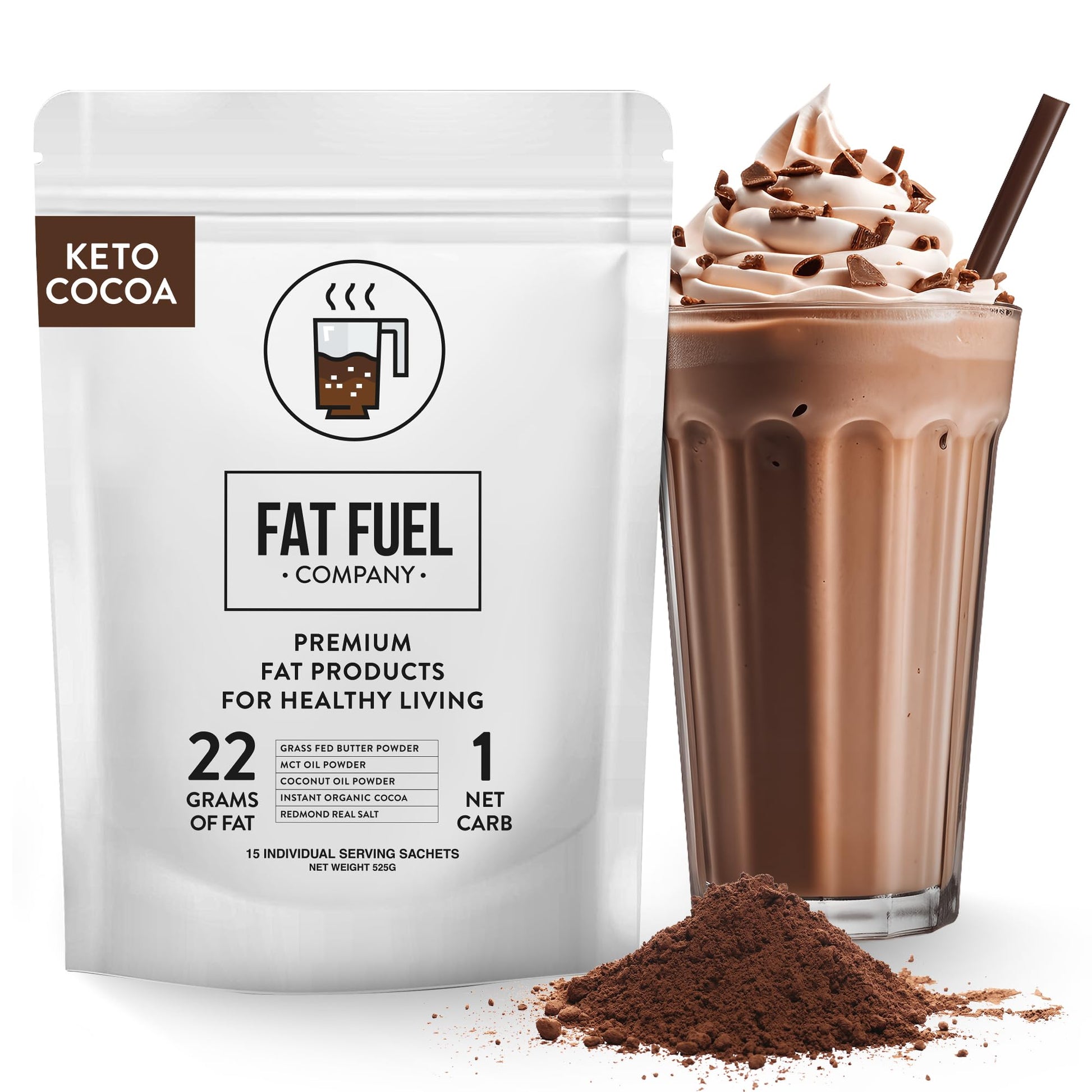 The Fat Fuel Company Keto Cocoa 22g Premium Fats Powder, 15 Servings
