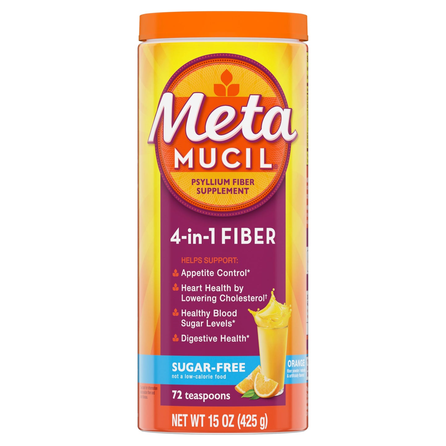 Metamucil 4-in-1 Psyllium Husk GLP-1 Friendly Fiber Supplement, Sugar-Free Orange Flavored Daily Fiber Powder for Digestive Health, 15 Ounce