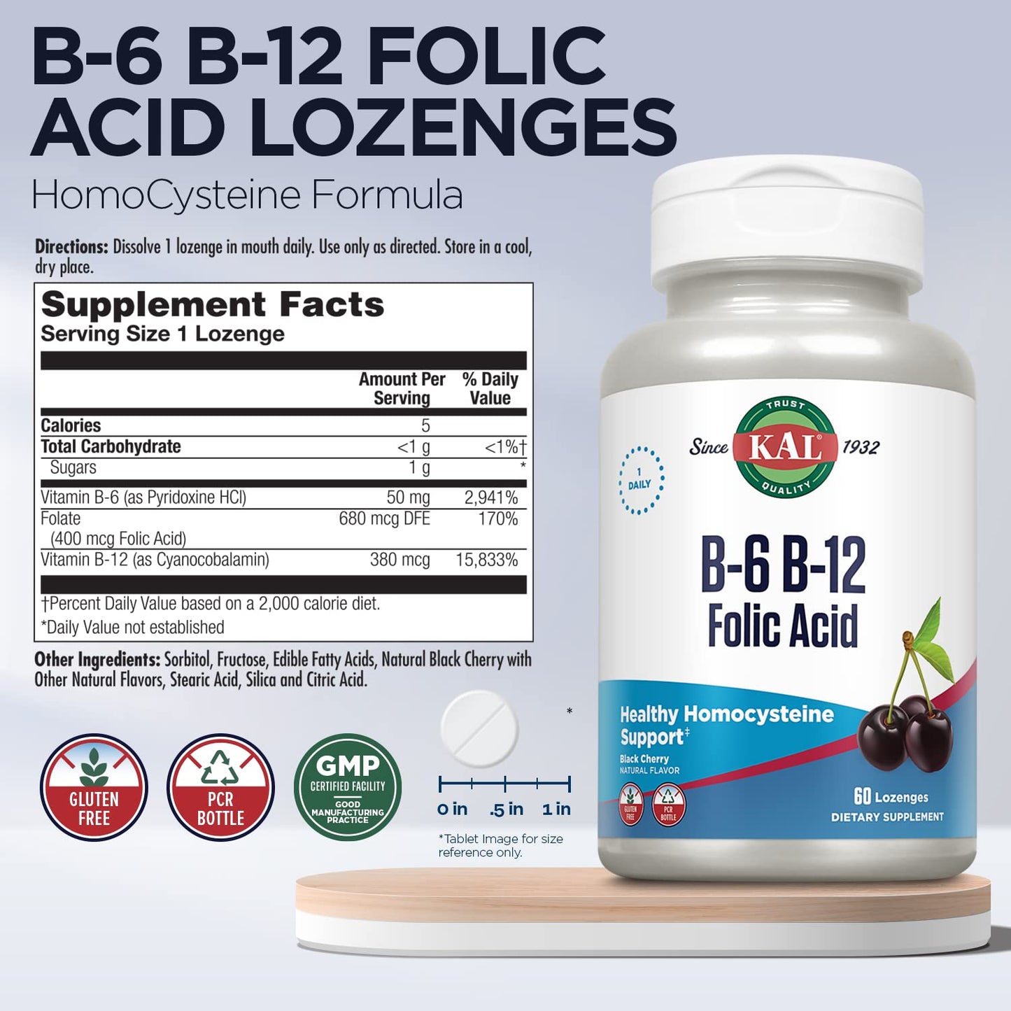 KAL Vitamin B-6 B-12 Folic Acid Supplement 60 Lozenges