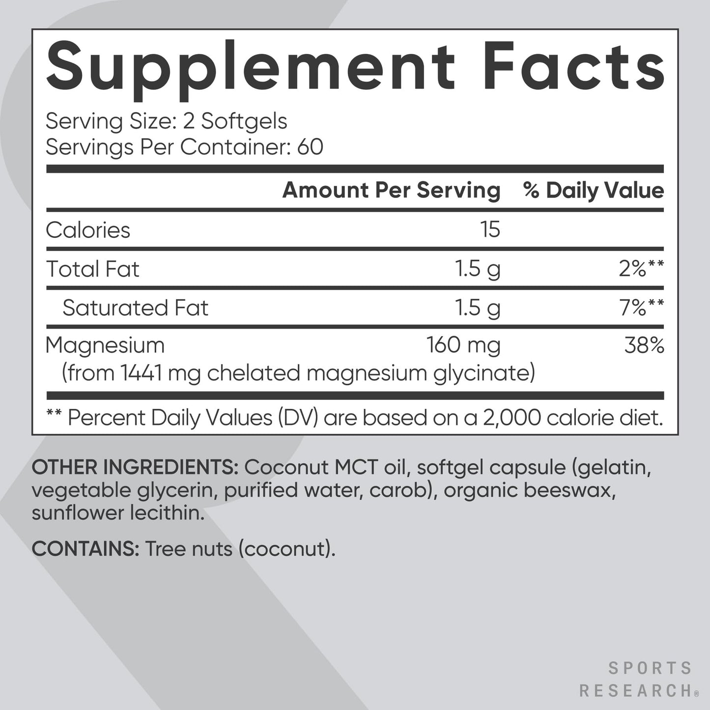 Sports Research Magnesium Glycinate with Coconut MCT Oil Softgels 120