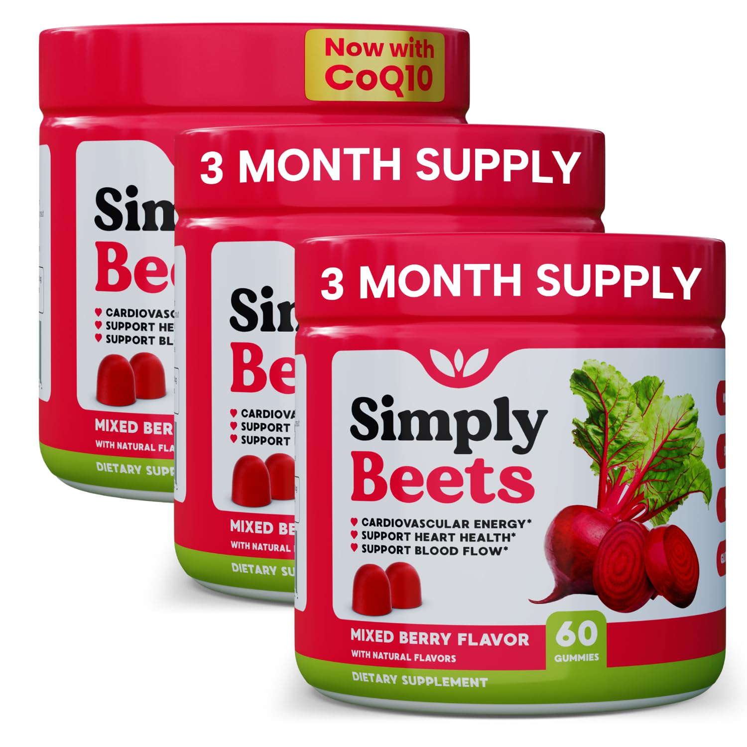Simply Beets Beet Gummies with CoQ10, Nitric Oxide & Energy Support, Non-GMO Beetroot Powder & Grape Seed Extract, Mixed Berry Flavor, 180 Gummies