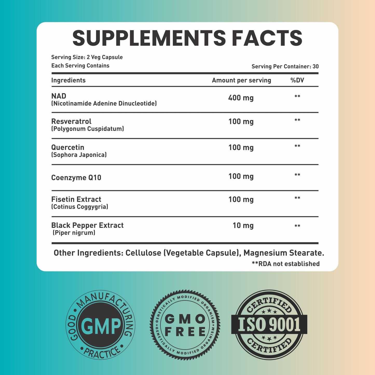 SAIKOU HERBS NAD+ Supplement 810mg with Nicotinamide Adenine Dinucleotide, Resveratrol, Quercetin, Coenzyme Q10, Fisetin and Black Pepper Capsule, 60 Count