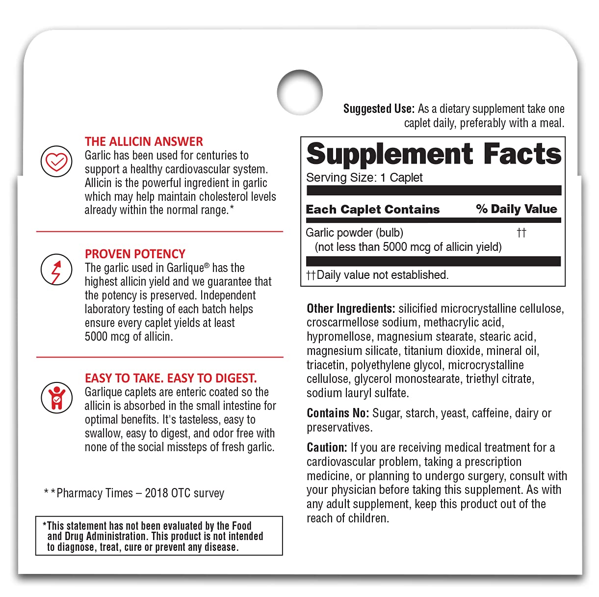 Garlique Healthy Cholesterol Formula with 5000 mcg of Allicin Enteric Coated Caplets Pack of 5