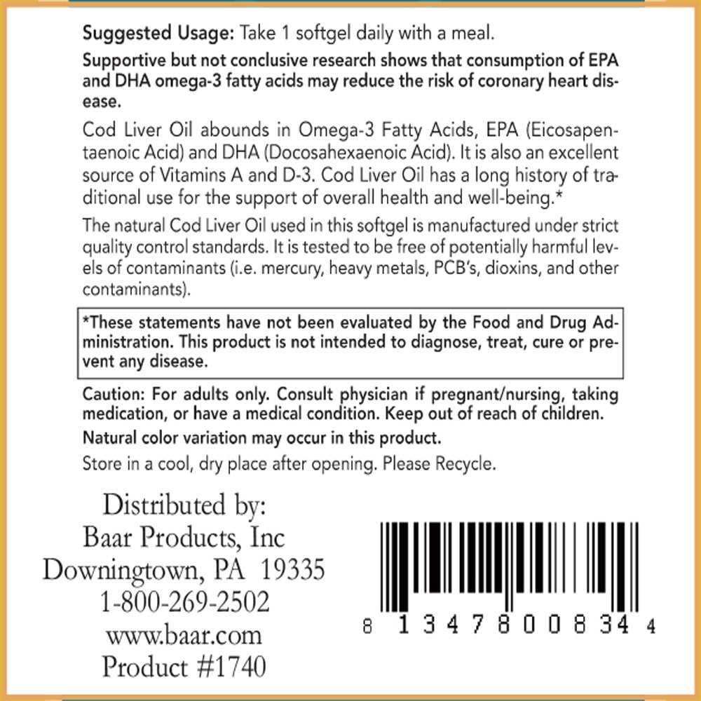 Baar Nature's Blessing Cod Liver Fish Oil Softgels, 1