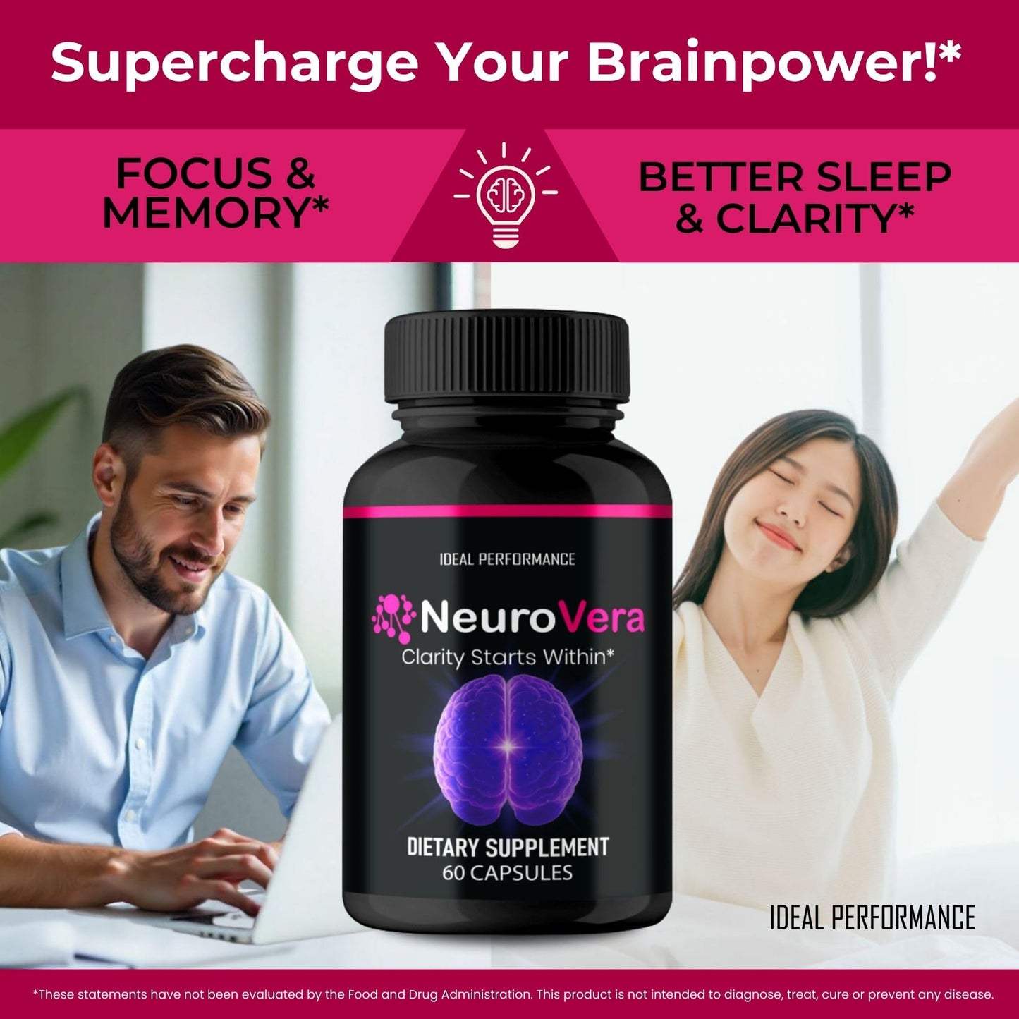 IDEAL PERFORMANCE Neurovera Brain Supplements for Memory and Focus Capsules, 60 Count