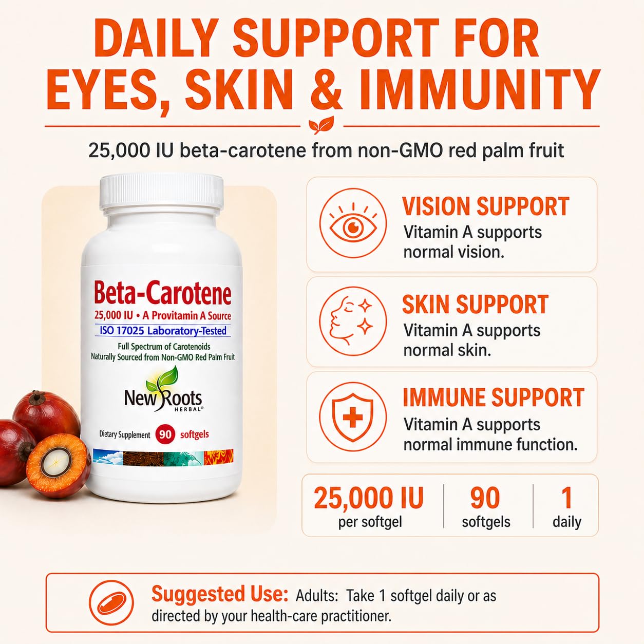 NEW ROOTS HERBAL Beta-Carotene 25,000 IU Softgel 90 Count