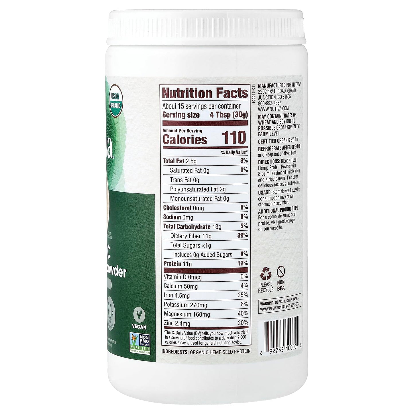 Nutiva USDA Organic Cold-Pressed Raw Hemp Seed Plant Protein Powder, 16 oz