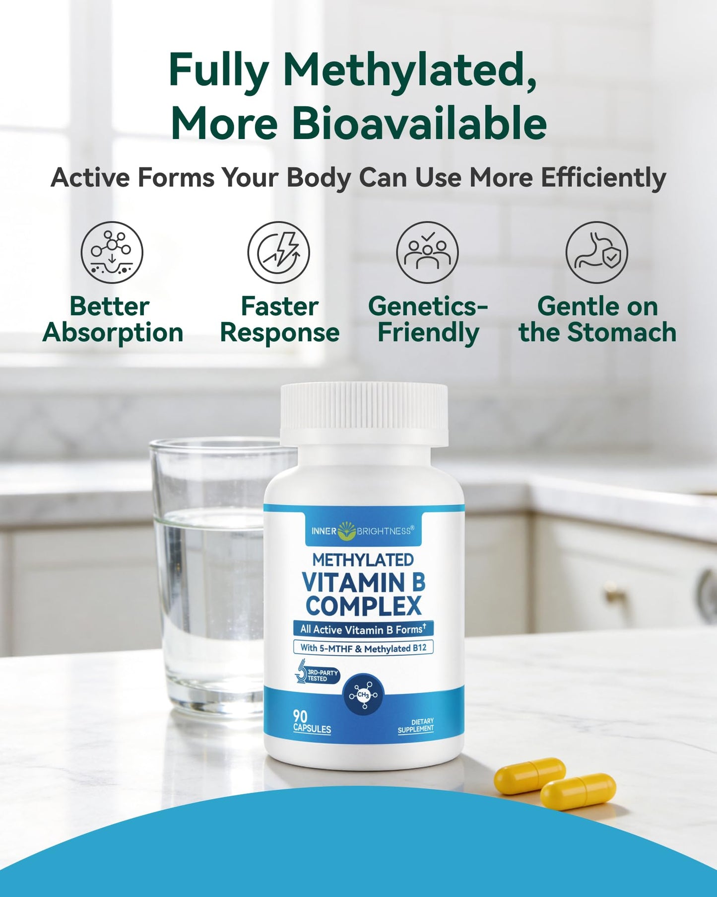 Inner Brightness Vitamin B Complex - Fully Methylated Active B12, B6, Folate, Capsules, 90 Count
