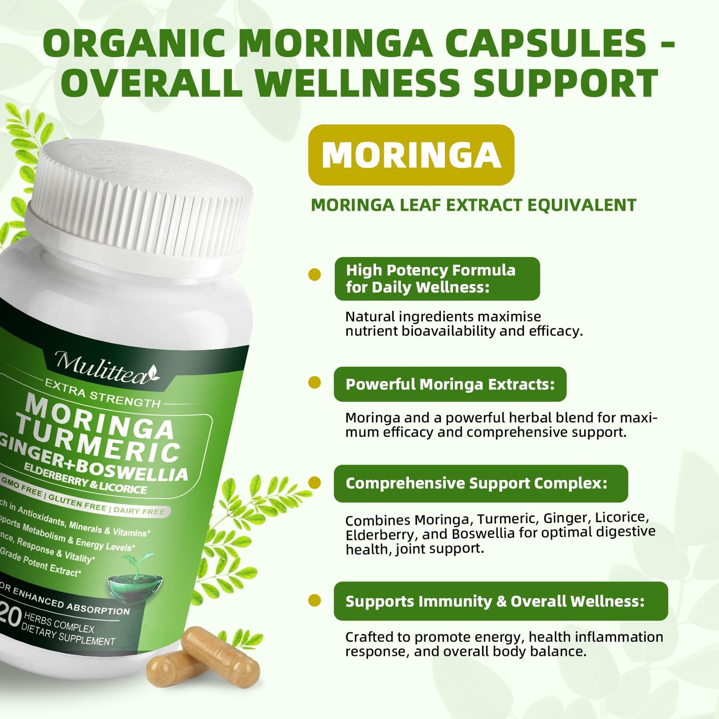 Mulittea Moringa Capsules Organic 1000mg, 7-in-1 Superfood with Turmeric, Ginger, Elderberry, Licorice & Boswellia - Immune, Skin, Gut & Antioxidant Support, Vegan, 240 Capsules