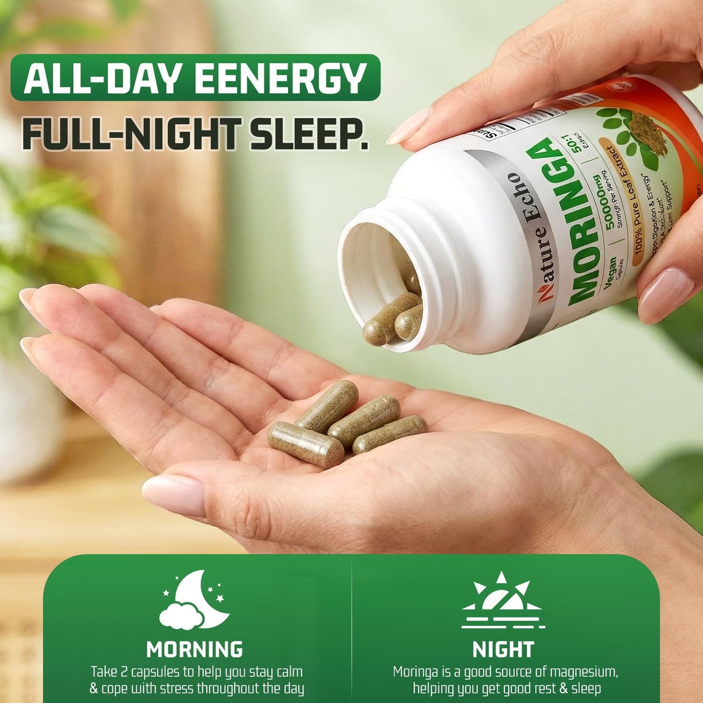 Nature Echo Moringa Oleifera Capsules 50:1 High Potency Extract, 60 Count