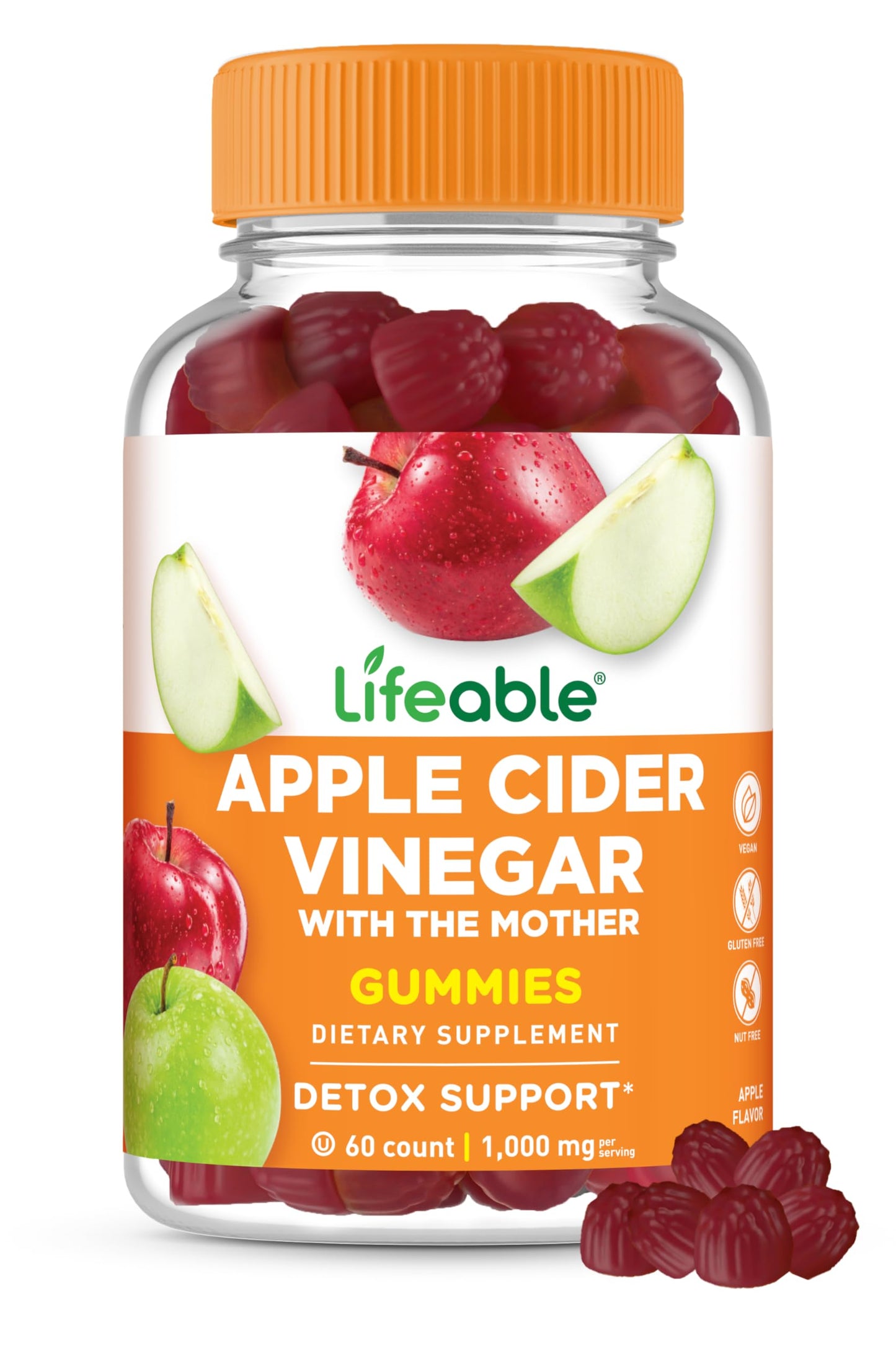 Lifeable Apple Cider Vinegar Gummies with Mother 1000 mg, 60 Gummies