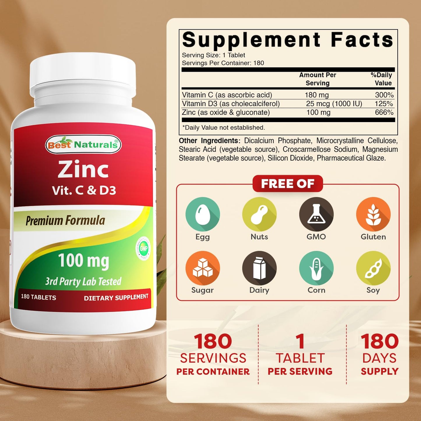 Best Naturals Zinc 100 mg with Vitamin C & D3, 180 Tablets
