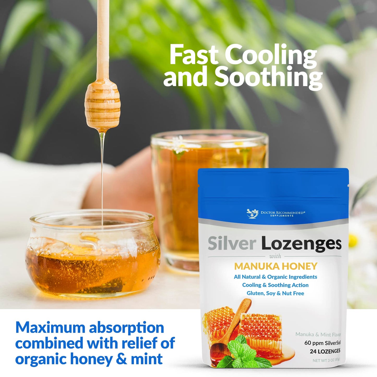 DOCTOR RECOMMENDED SUPPLEMENTS Silver Lozenges with Organic Manuka Honey and Vitamin C All-Natural Nano Silver 45-50mcg of 60 PPM Colloidal Mineral Drops to Support Immune System, Soothe, Cool Cough & Throat 144 Lozenges