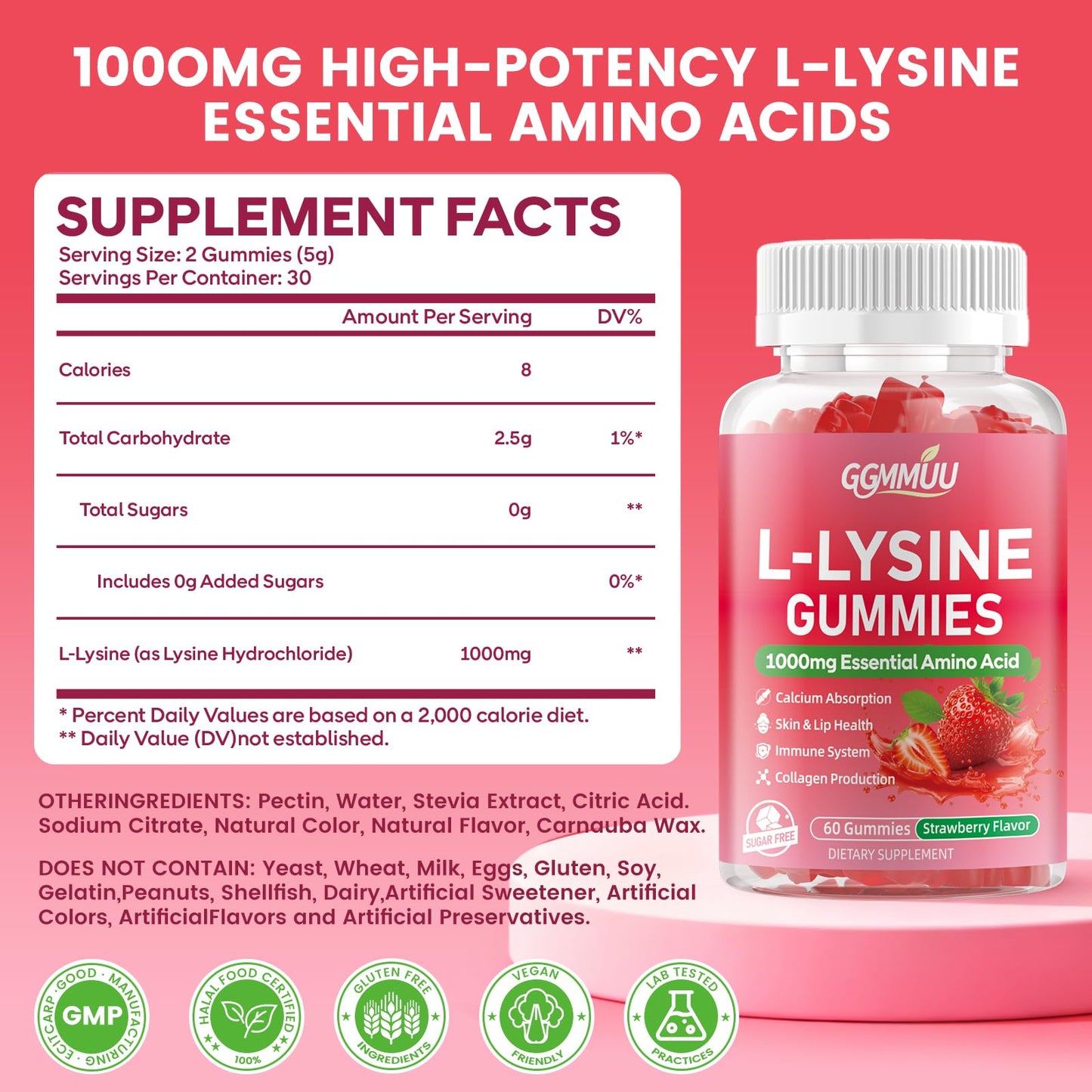 GGMMUU L-Lysine Gummies 1000mg, 120 Count