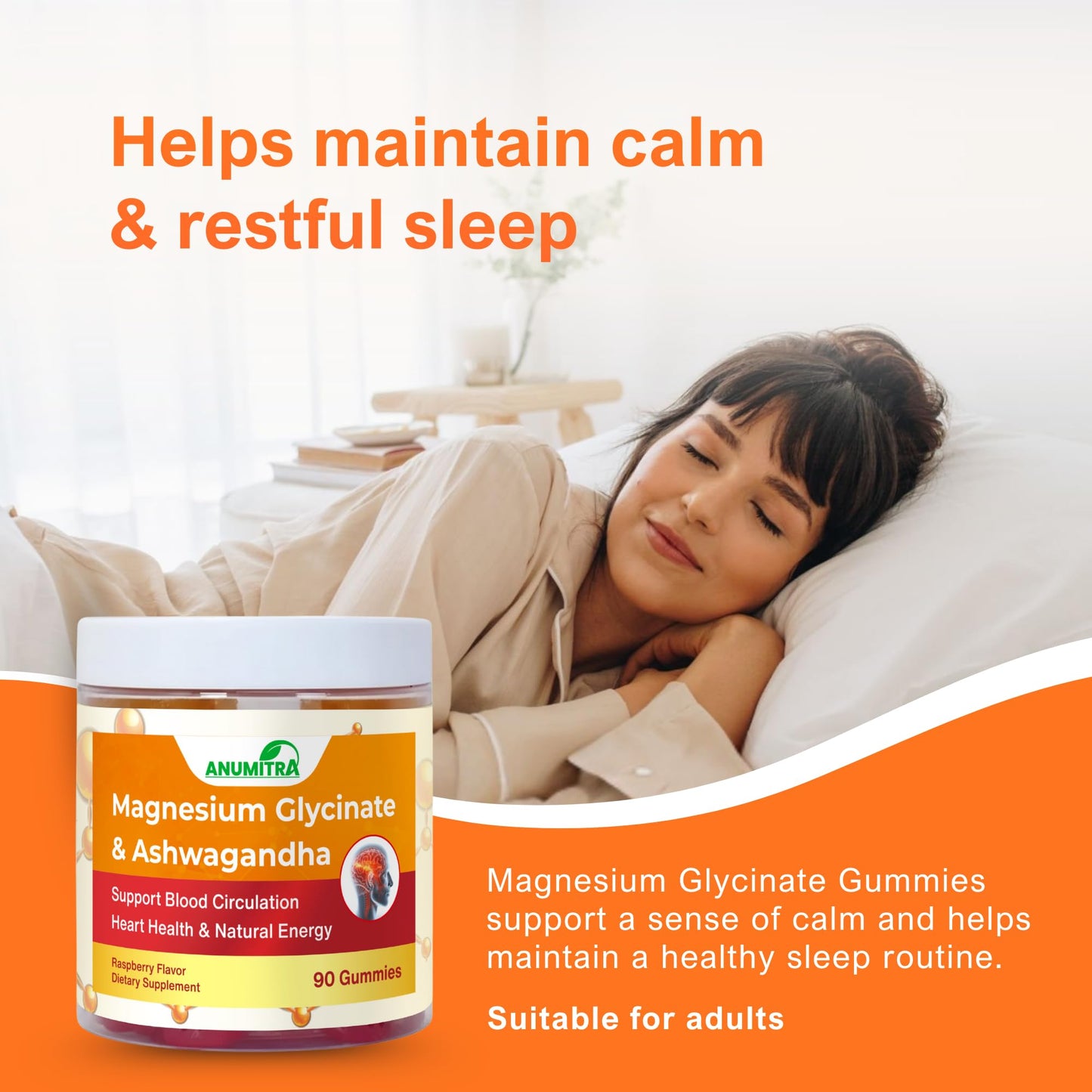ANUMITRA Magnesium Glycinate 1000mg Gummies with Ashwagandha & CoQ10, High Absorption Vegan, Sleep & Calm Support, Raspberry Flavor, 90 Gummies