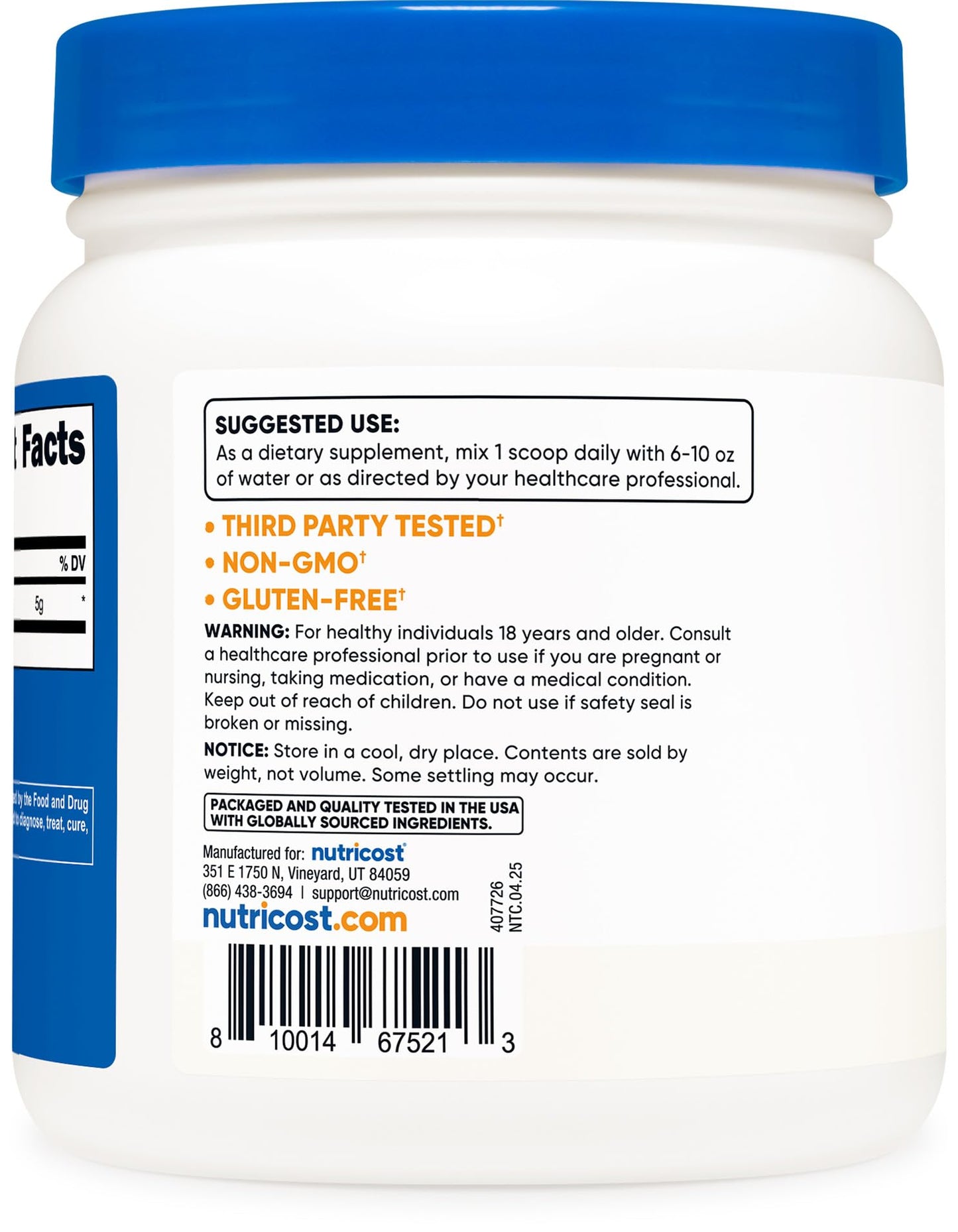 Nutricost L-Glutamine Powder 17.6 oz Unflavored GMO-Free