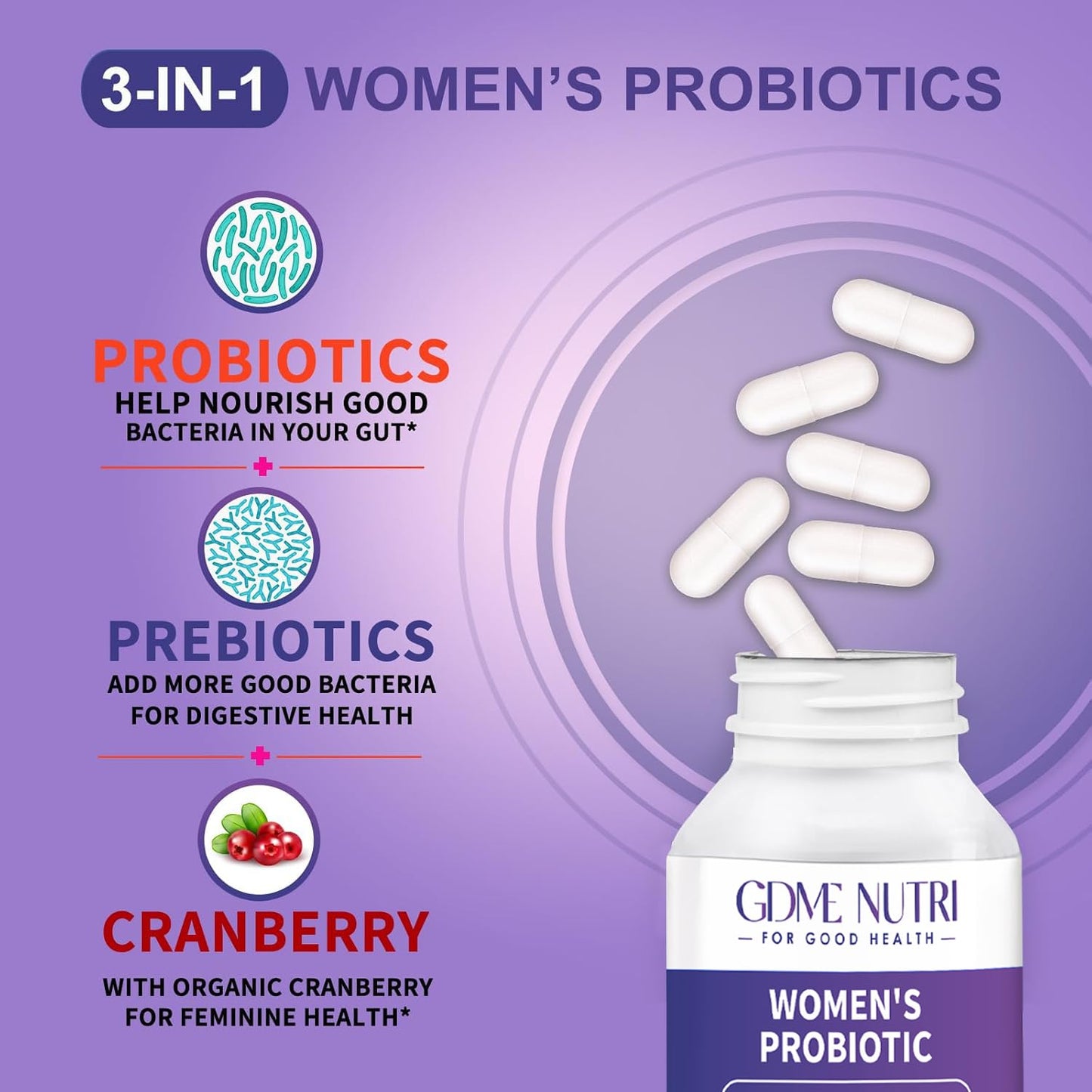 GDMENUTRI Probiotics 180 Billion CFU 18 Strains with Organic Prebiotic Cranberry Probiotic Supplement for Digestion and Immunity, Women's Health Capsules 90 Count