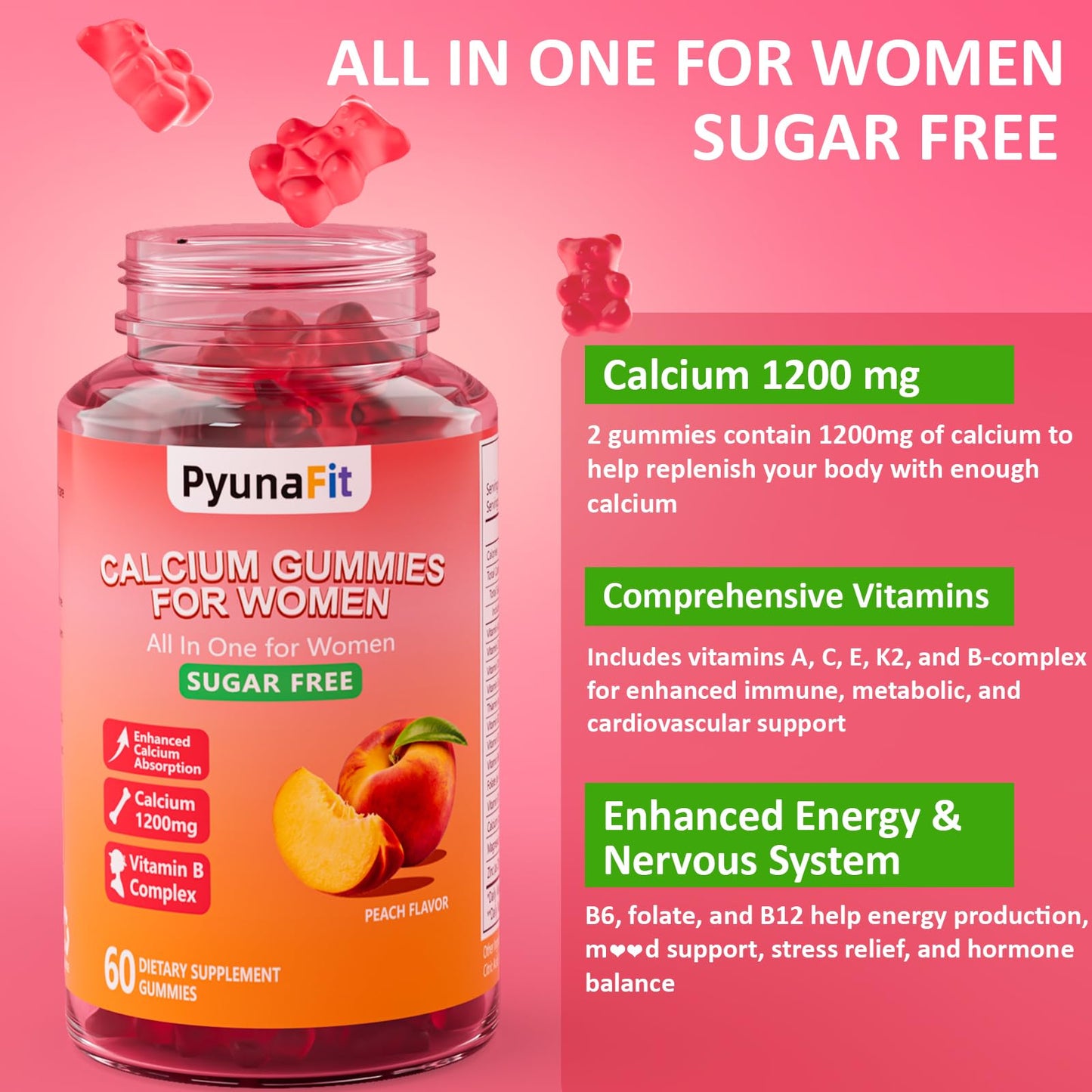 PYUNAFIT Calcium Gummies for Women 1200 mg Gummy, 60 Count