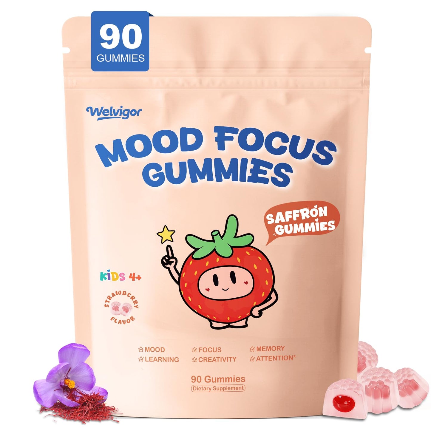 Welvigor Kids Saffron Gummies Mood Focus Support with Magnesium Glycinate, L-Theanine for Calm & Sleep, PS, Lion's Mane, Choline Brain Support for School Concentration & Attention, Sugar Free, 90 Gummies