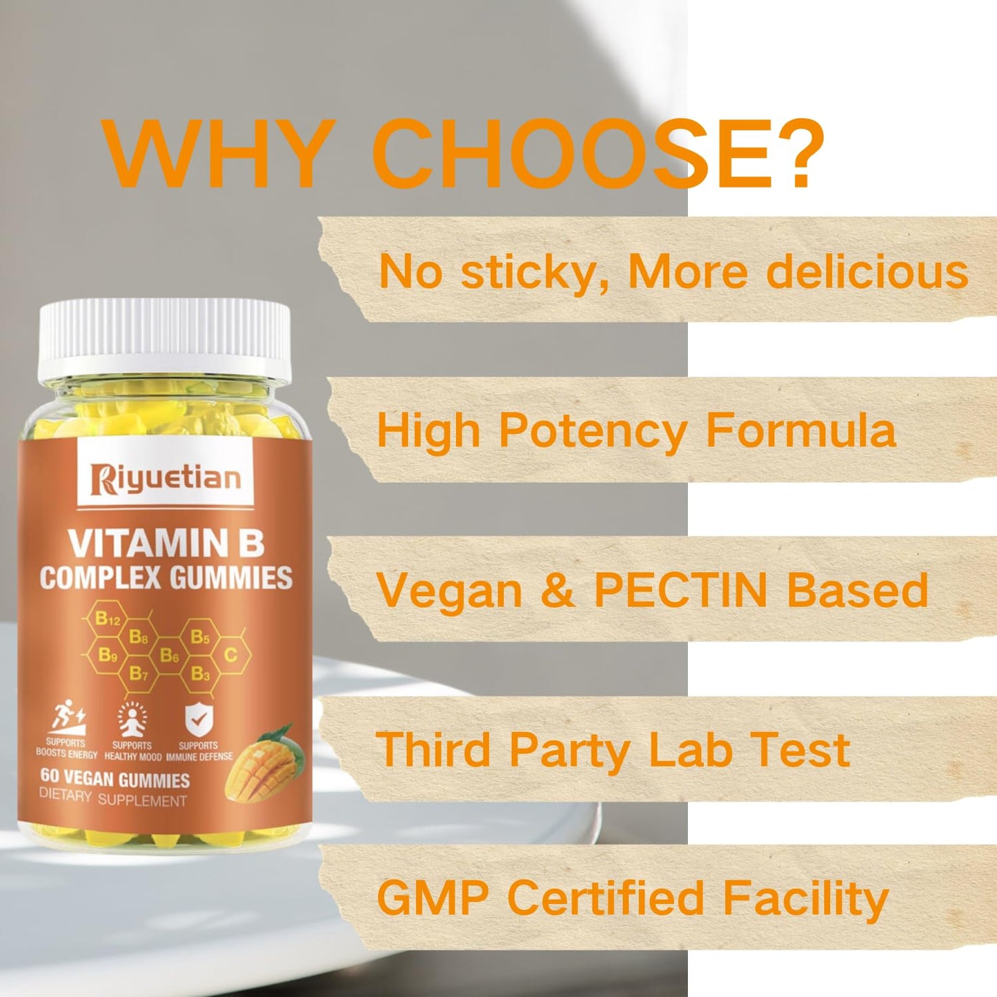 Riyuetian Vitamin B Complex Gummies with Biotin, Choline + Inositol, Vitamin C + Zinc – Supports Energy, Brain, Mood, Immune Health – Natural Mango Flavor – Vegan – 120 Gummies