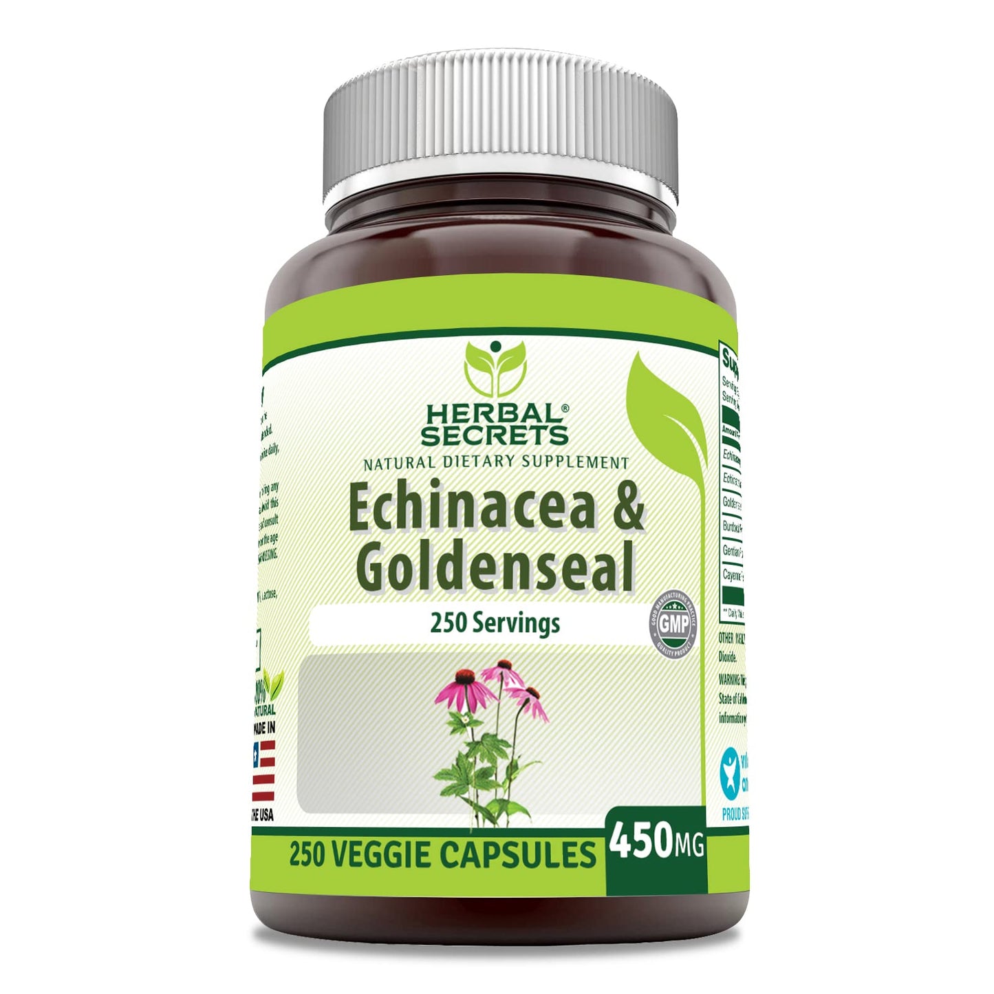 Herbal Secrets Echinacea & Goldenseal Root Supplement, 250 Veggie Capsules