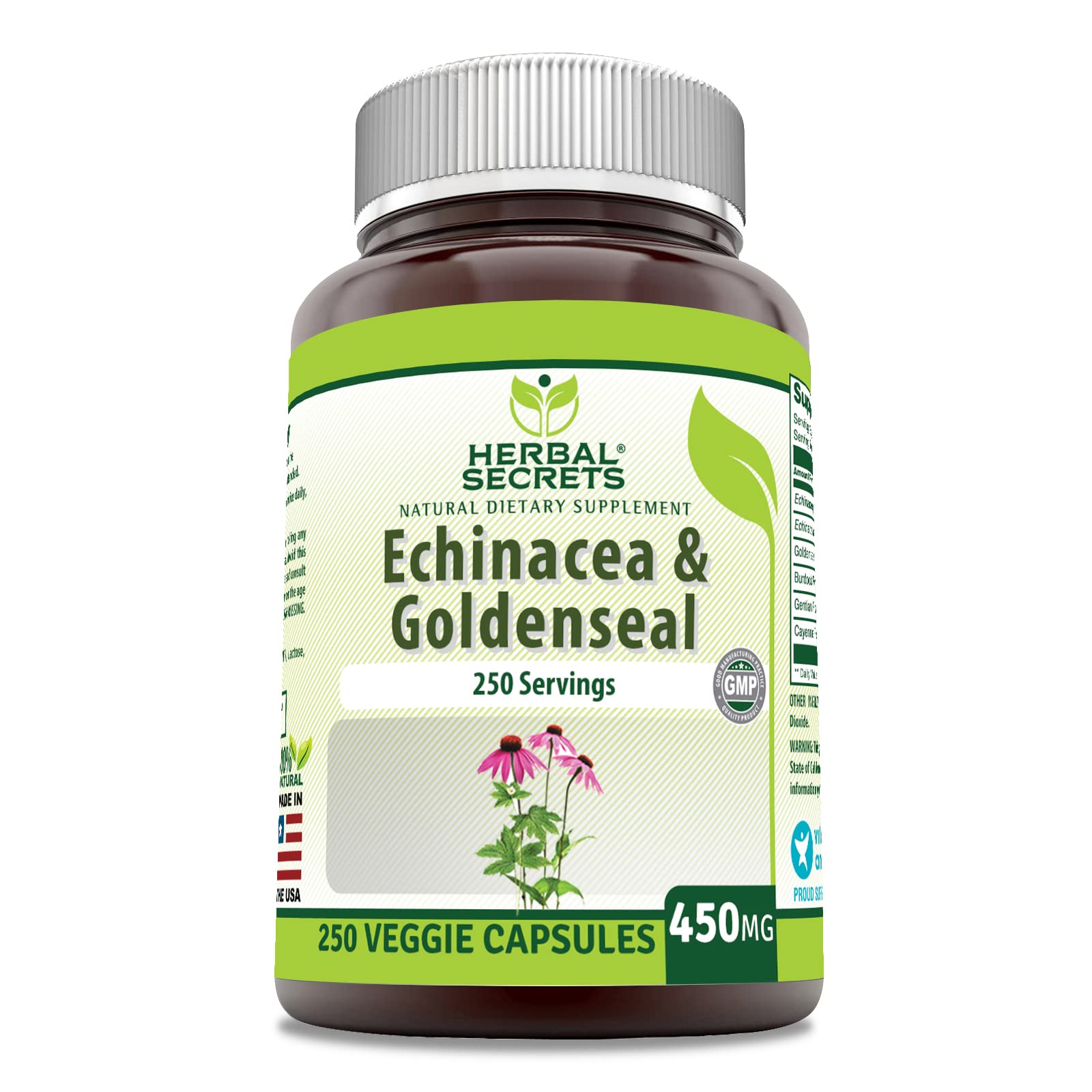 Herbal Secrets Echinacea & Goldenseal Root Supplement, 250 Veggie Capsules