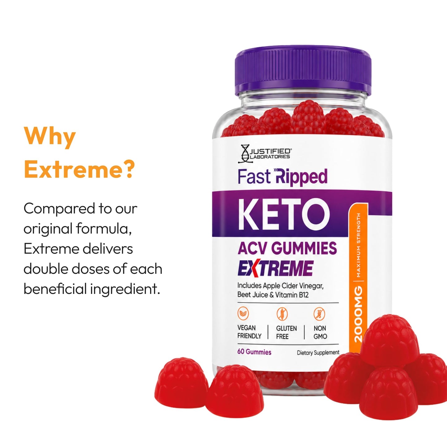Justified Laboratories Fast Ripped Keto ACV Gummies Extreme (2000 mg) Gummy 60 Count