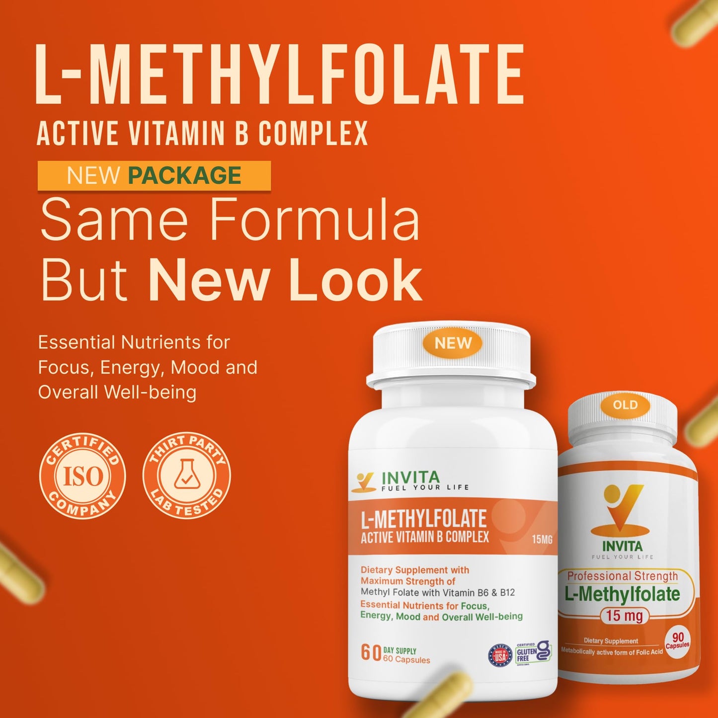 INVITA L-Methylfolate 15mg + Active Vitamin B Complex Capsules 60 Count