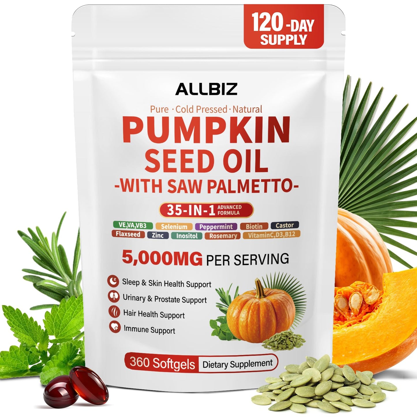 ALLBIZ Pumpkin Seed Oil with Saw Palmetto Softgels, 360