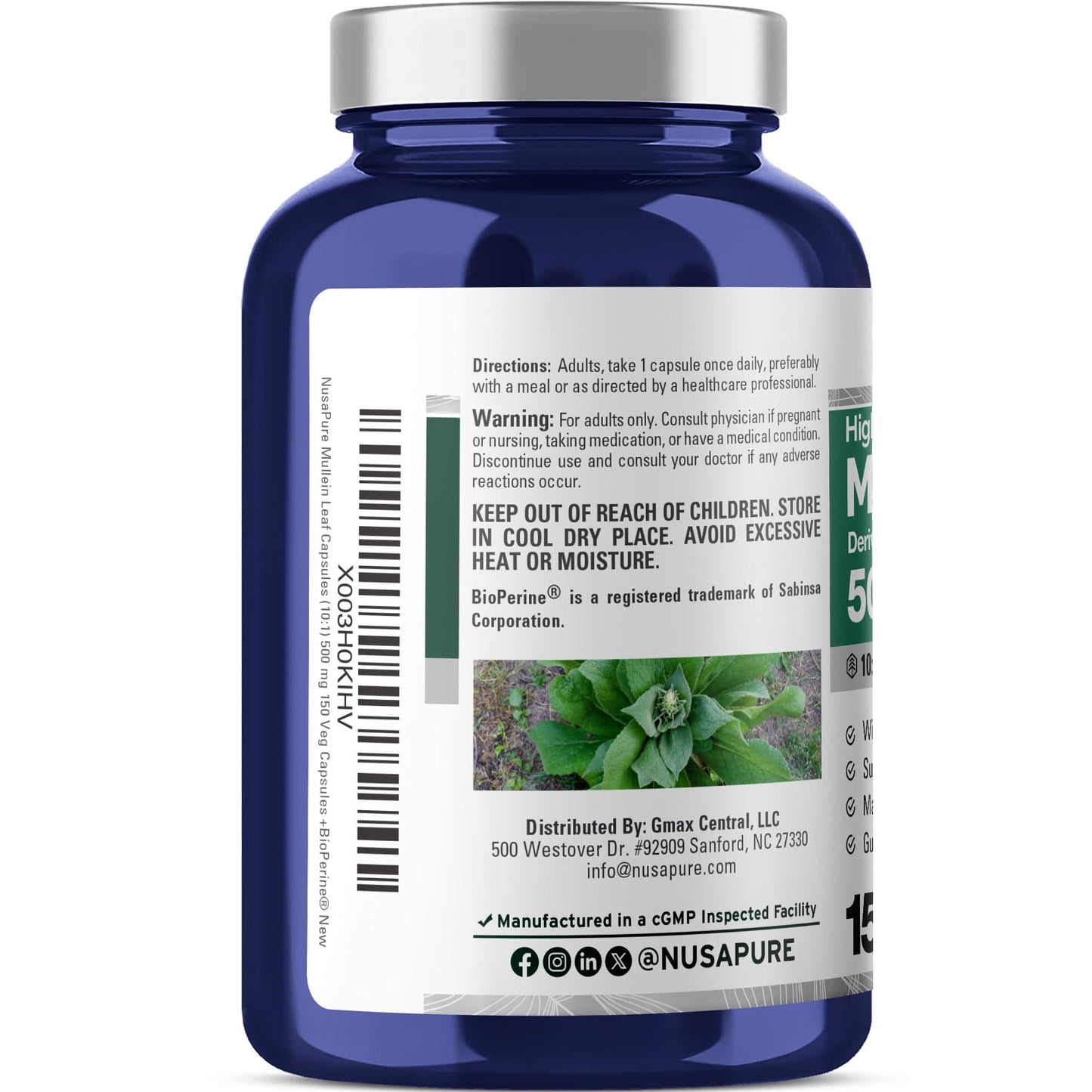 NusaPure Mullein Leaf Capsules 150 Count