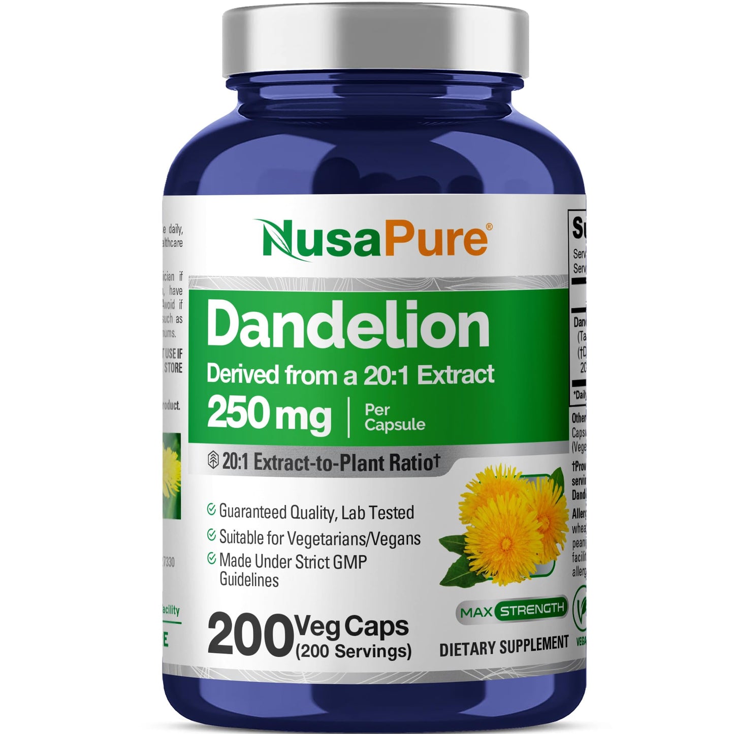 NusaPure Dandelion Root 250 mg Capsules, 200 Count, Non-GMO, Vegan