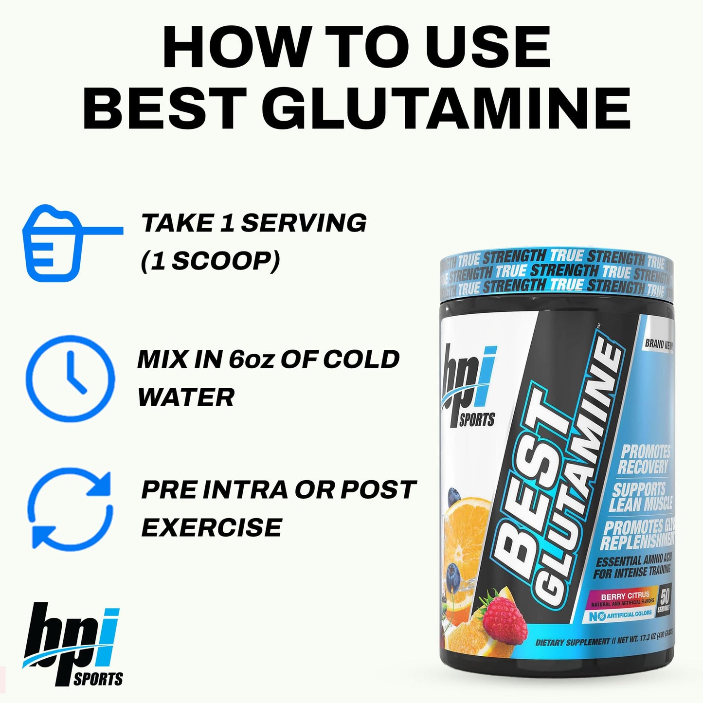 BPI Sports Best Glutamine Supplement, L-Glutamine Powder for Gut Health, Muscle Recovery and Immune Support – 6 Advanced Glutamine Types + Vitamin C – Berry Citrus Flavor, 17.3