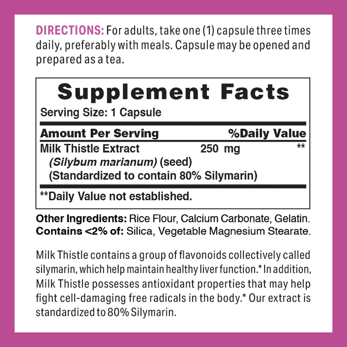 Vitamin World Milk Thistle (Silymarin) Standardized Extract 250mg Capsules, 100 Count