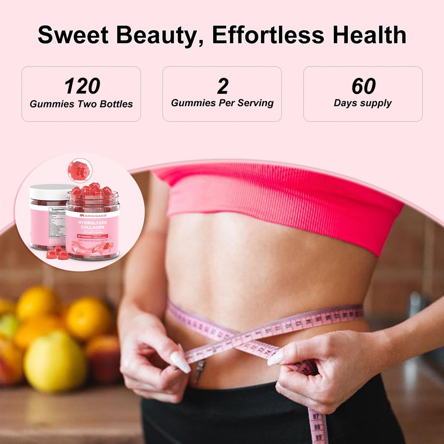 ARMINACO Collagen Gummies for Women – Low Sugar, Strawberry Flavor, Type I II III V X Collagen with Biotin, Vitamin C D B12 Zinc – Hydrolyzed Peptides for Hair Skin Nails Joints, 60 Gummies