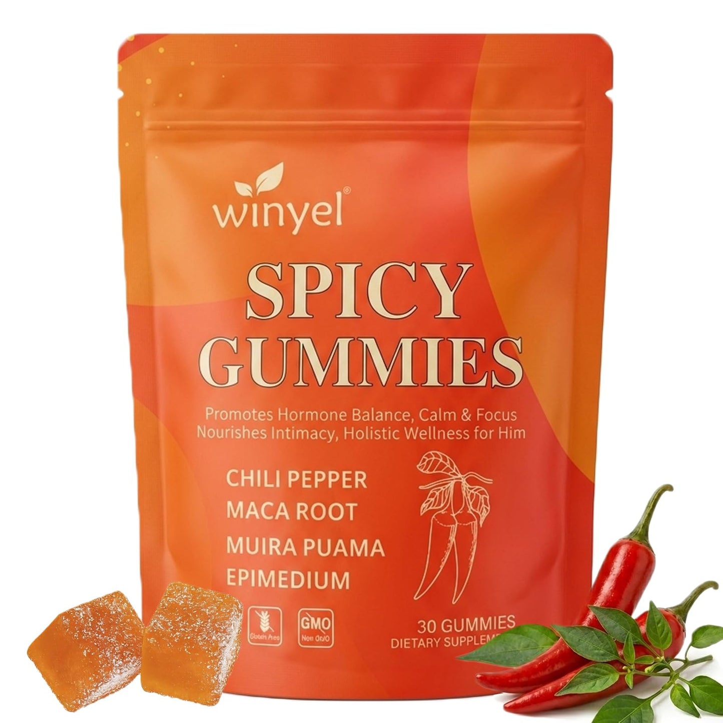WINYEL Spicy Gummies Cubes Hot Peach Flavor - Chili Pepper, Maca Root & Muira Puama Herbal Supplement for Energy, Mood & Vitality - Romantic Mood Enhancer for Couples, 30 Gummies