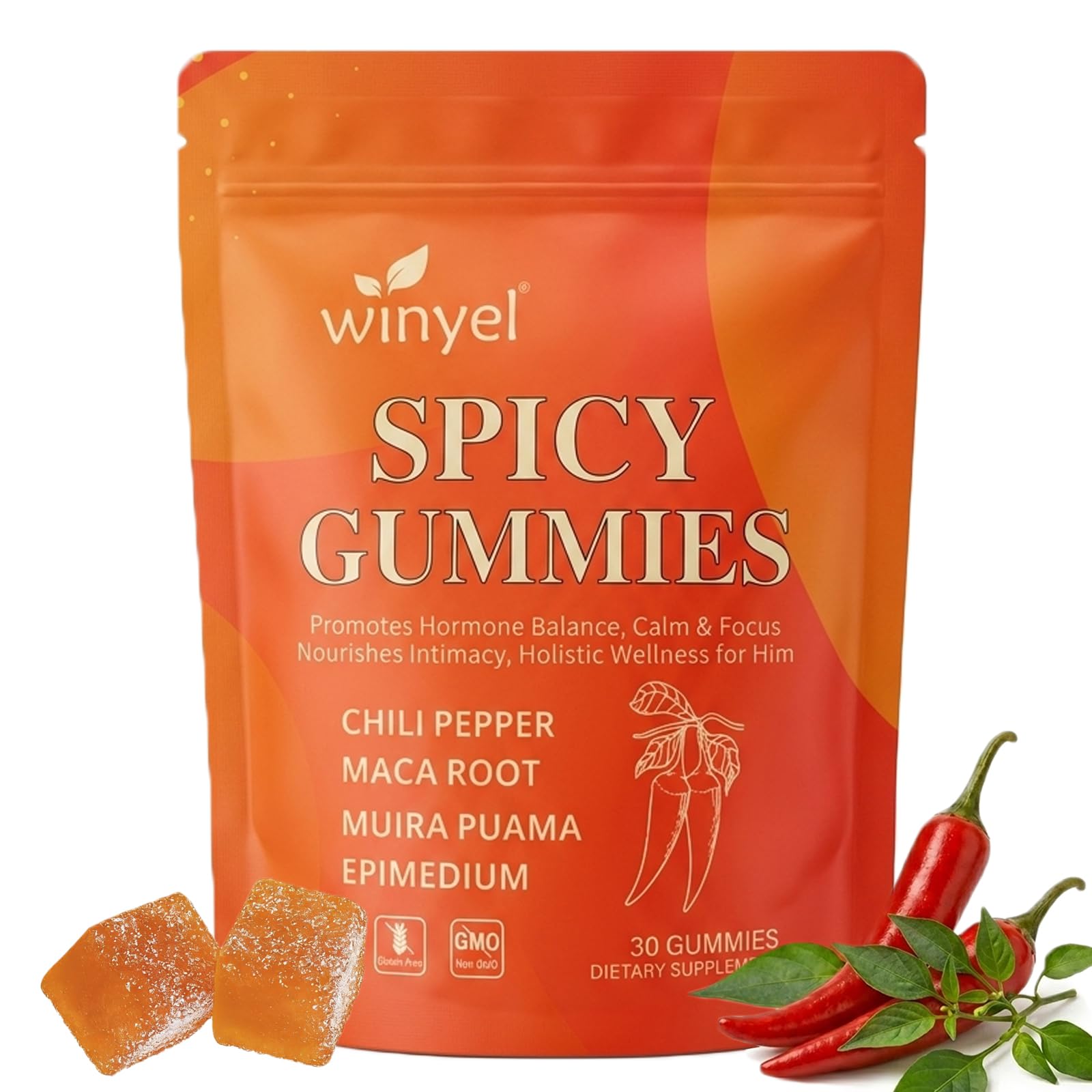 WINYEL Spicy Gummies Cubes Hot Peach Flavor - Chili Pepper, Maca Root & Muira Puama Herbal Supplement for Energy, Mood & Vitality - Romantic Mood Enhancer for Couples, 30 Gummies
