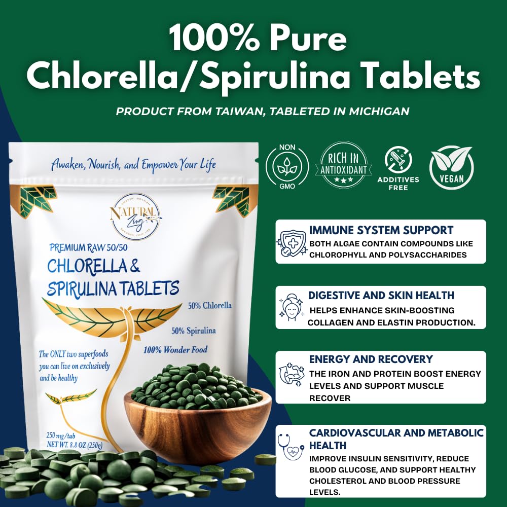 NaturalZing 100% Pure Chlorella/Spirulina Tablets, 1000 Tablets