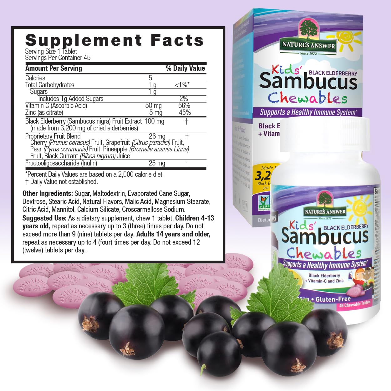 Nature's Answer Kids Sambucus Chewables 3200 mg Tablets, 45 Tablets