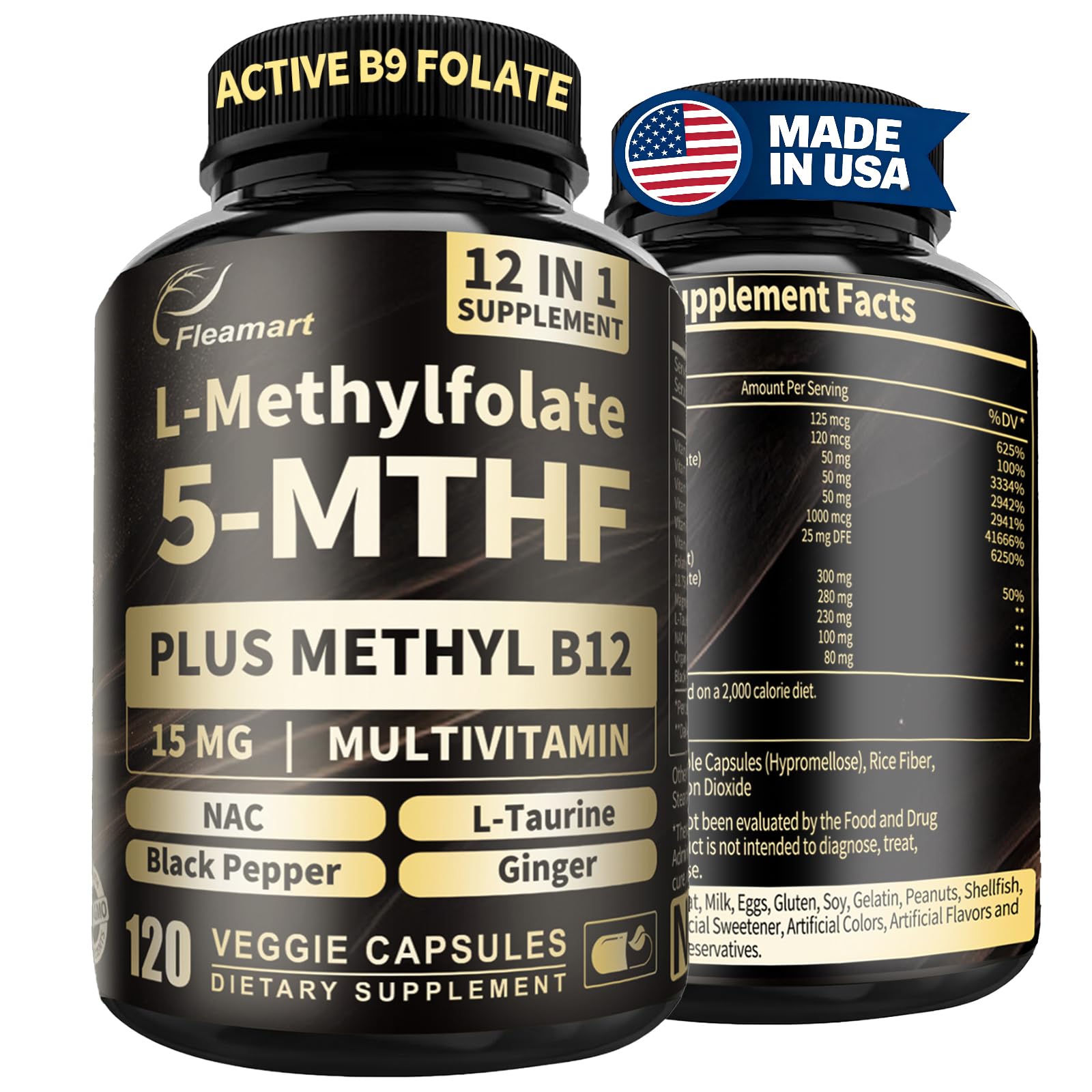 Fleamart L Methylfolate 15mg Plus Methyl B12 - Methylated Vitamin B9 (5-MTHF) Supplement, Capsules, 120 Count