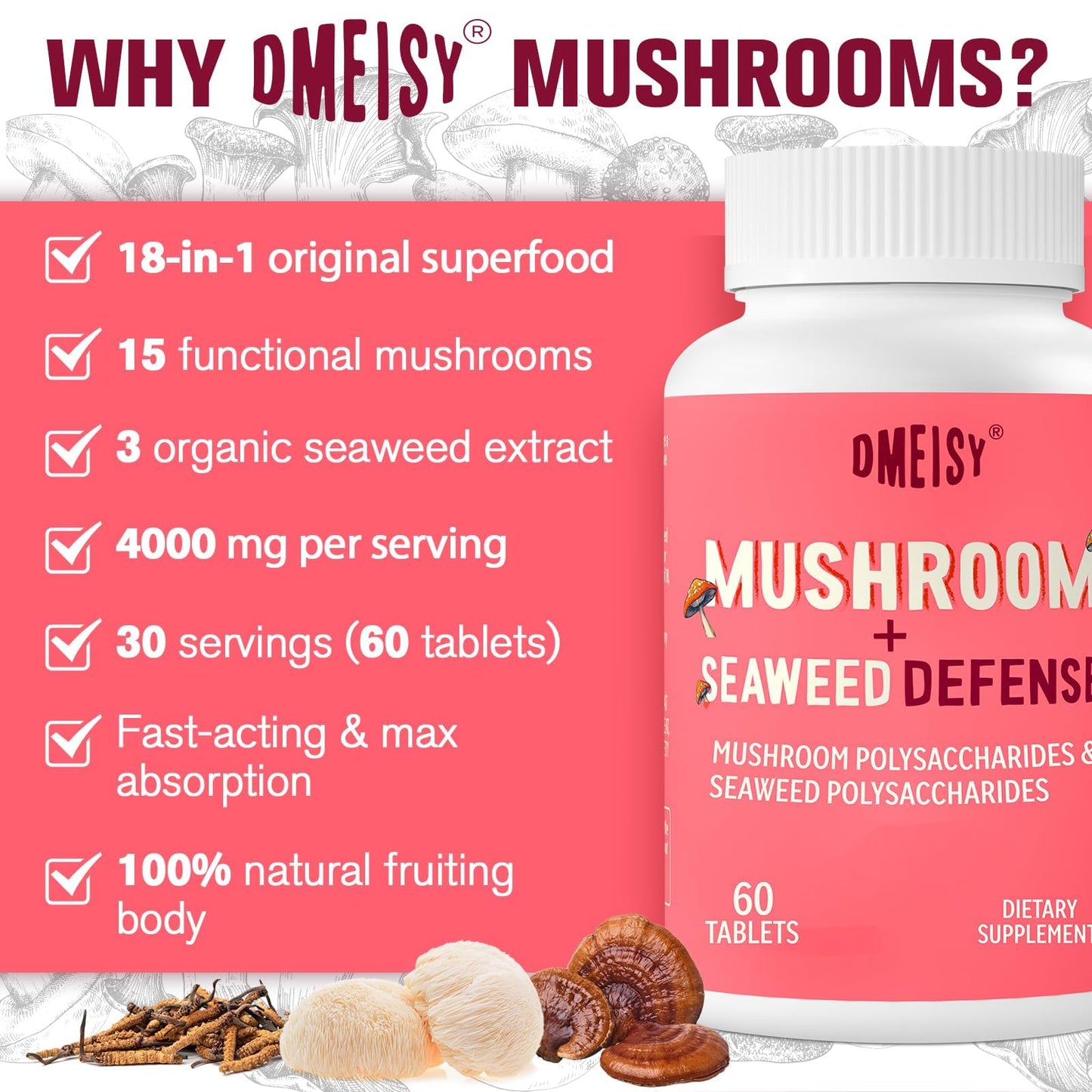 Dmeisy Sublingual Mushroom Complex 18-in-1 Mushroom Supplement Tablet, 60 Tablets