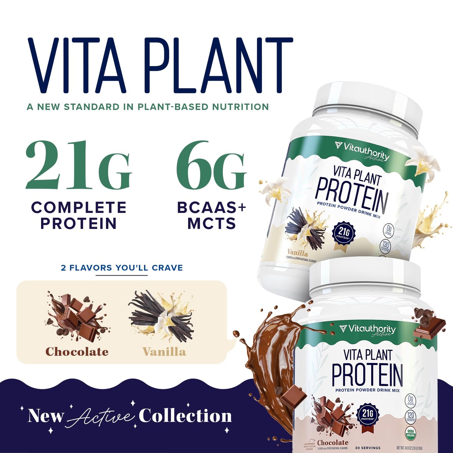 Vitauthority Organic Plant Based Protein for Women Complete Vegan Protein Powder with BCAAs & MCTs Plant-Based 21g Vanilla Flavored, Dairy-Free, Gluten-Free, No Added Sugar, Supports Muscle Recovery, 34.6 oz