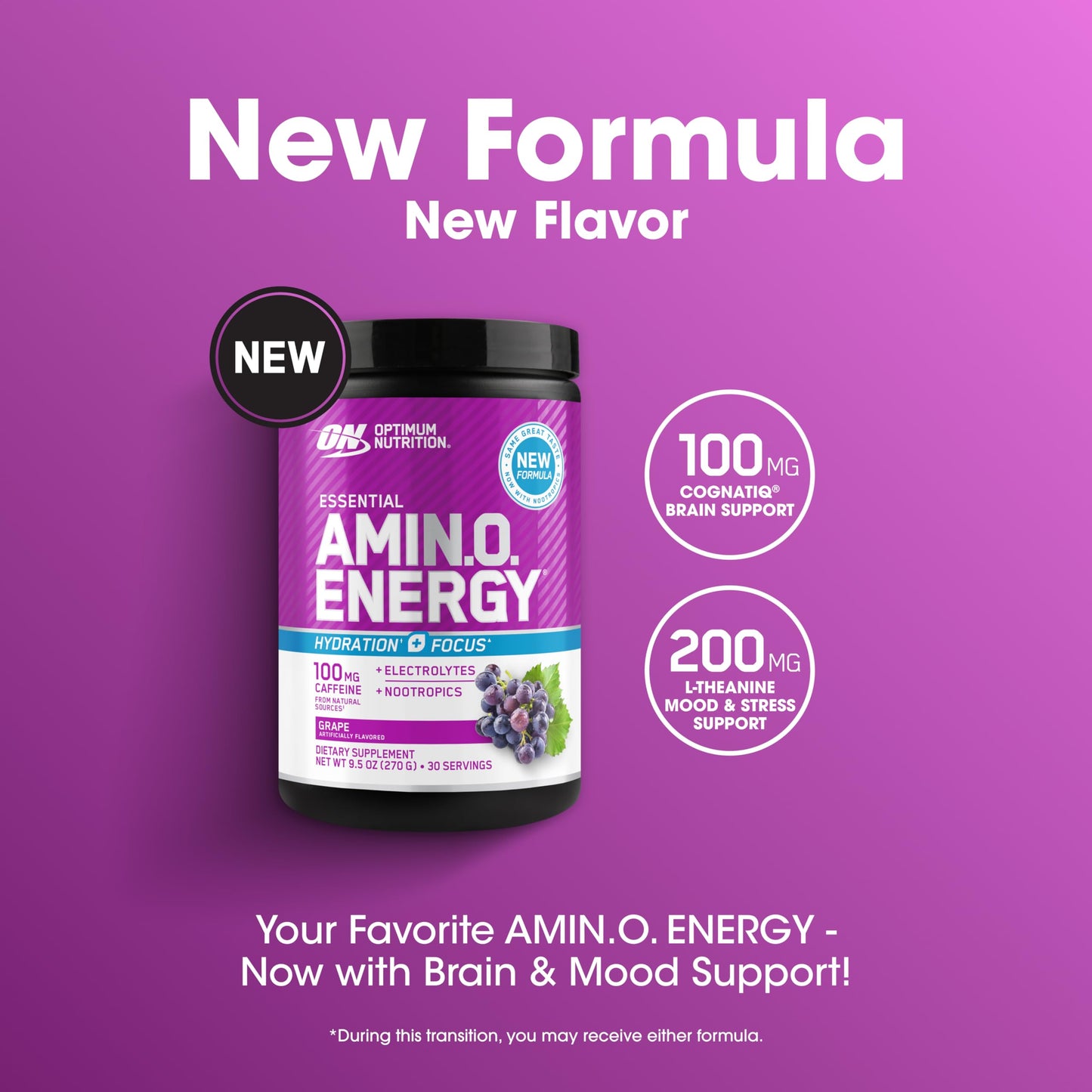 Optimum Nutrition Amino Energy Powder Plus Focus, Grape, 9.5 Ounce