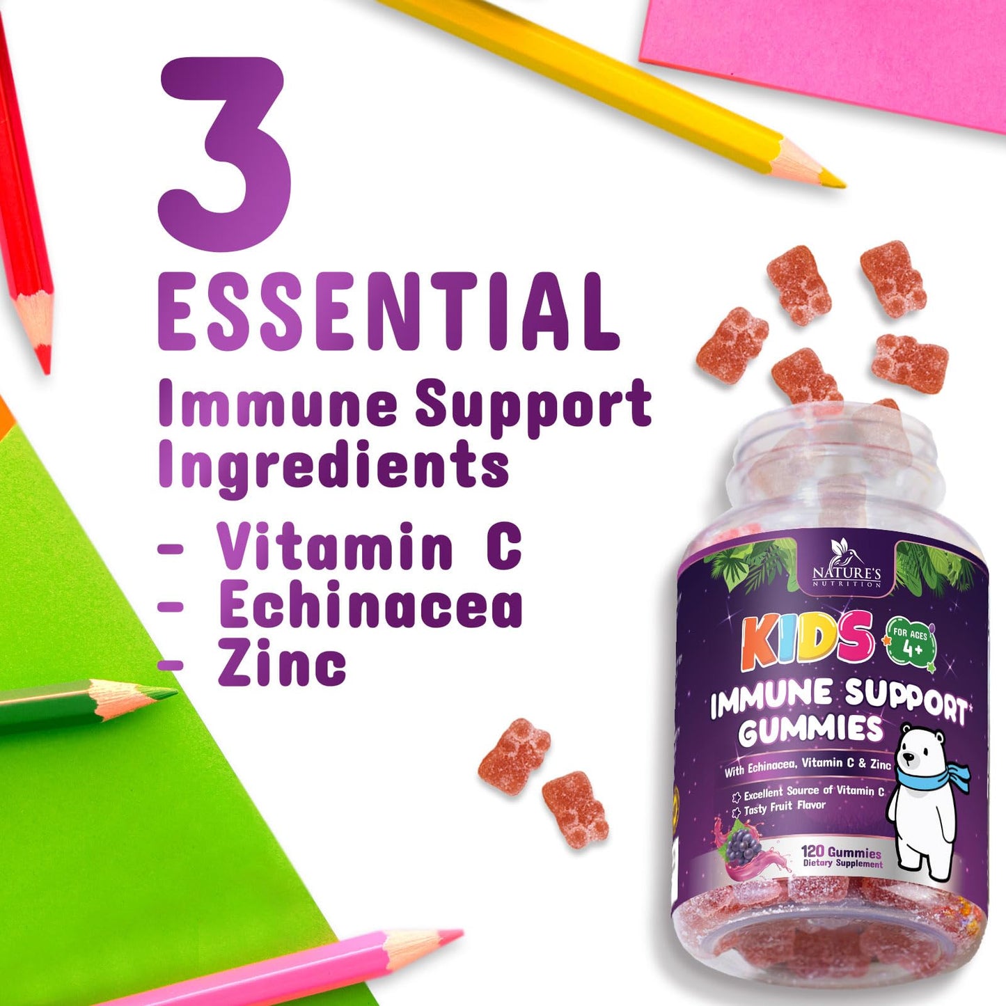Nature's Nutrition Kids Immune Support Gummies Vitamin C, Zinc & Echinacea, 120 Gummies